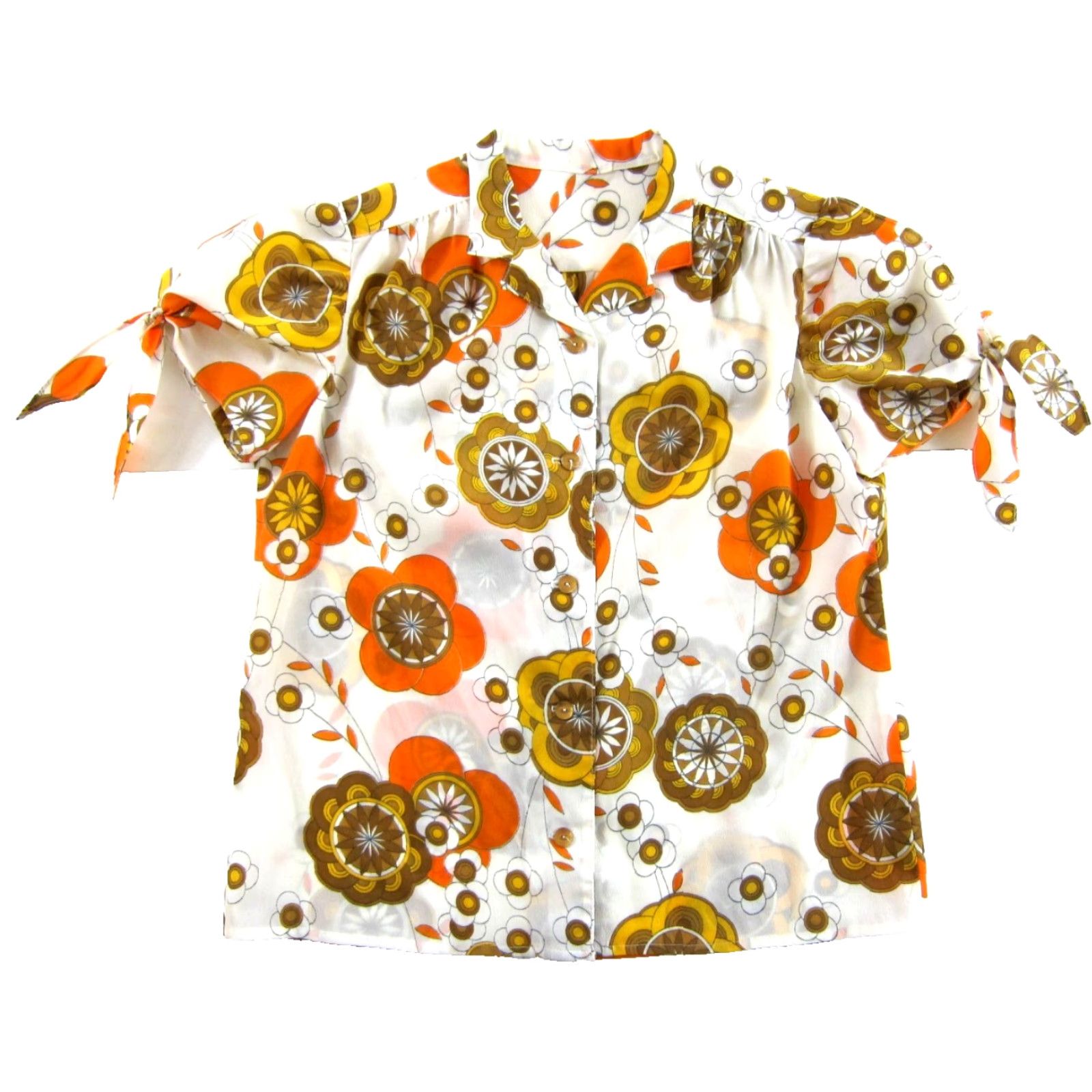 Vintage VINTAGE Handmade Blouse Shirt M Womens Floral 70s 100% polyester Orange Yellow White Short Sleeve Button Up Casual Size M / US 6-8 / IT 42-44 - 2 Thumbnail