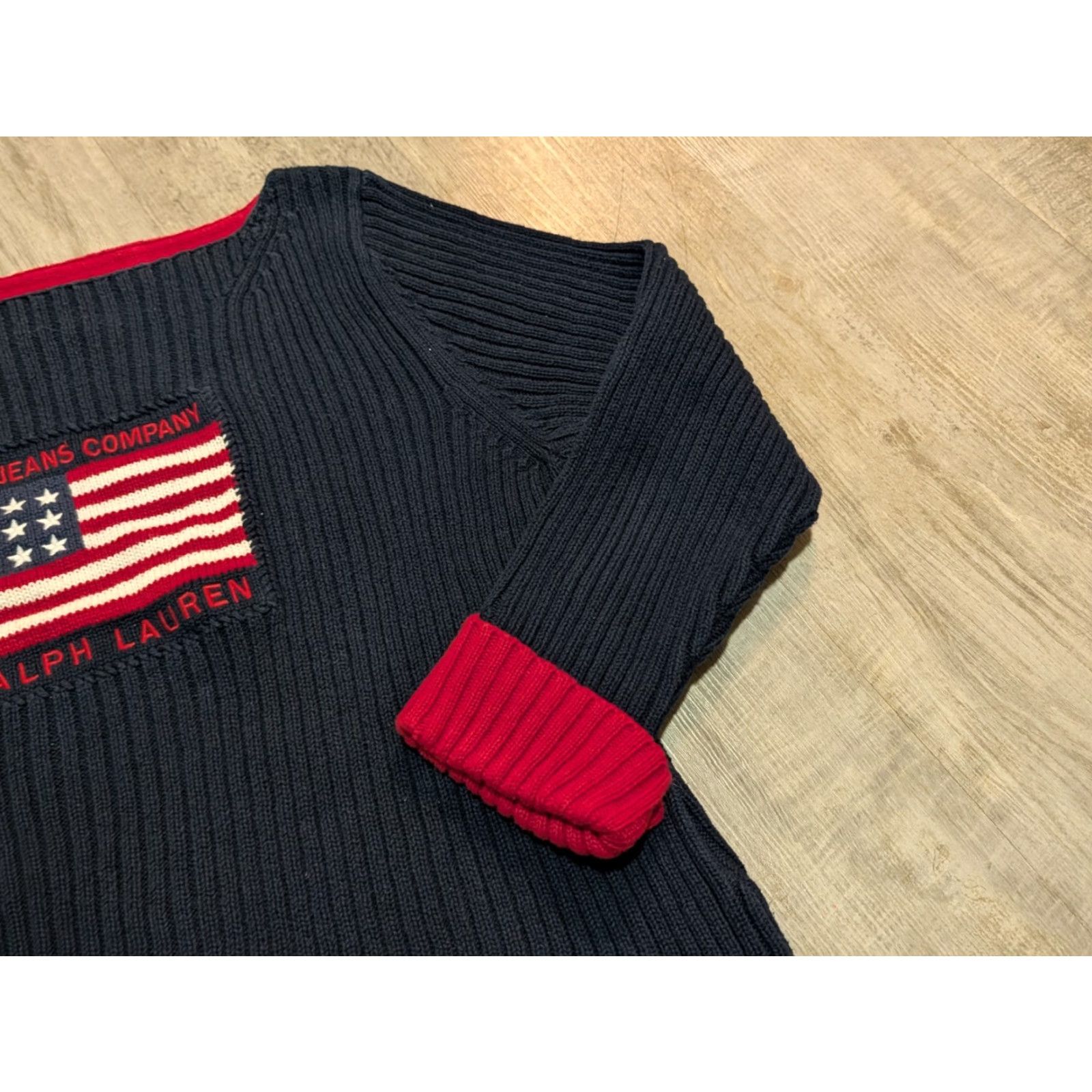 Ralph Lauren VINTAGE Ralph Lauren Jumper Women XL Navy Blue USA Flag 80s 90s Designer Pullover Knit Logo Embroidered Easy Care All Seasons Size XL / US 12-14 / IT 48-50 - 3 Thumbnail