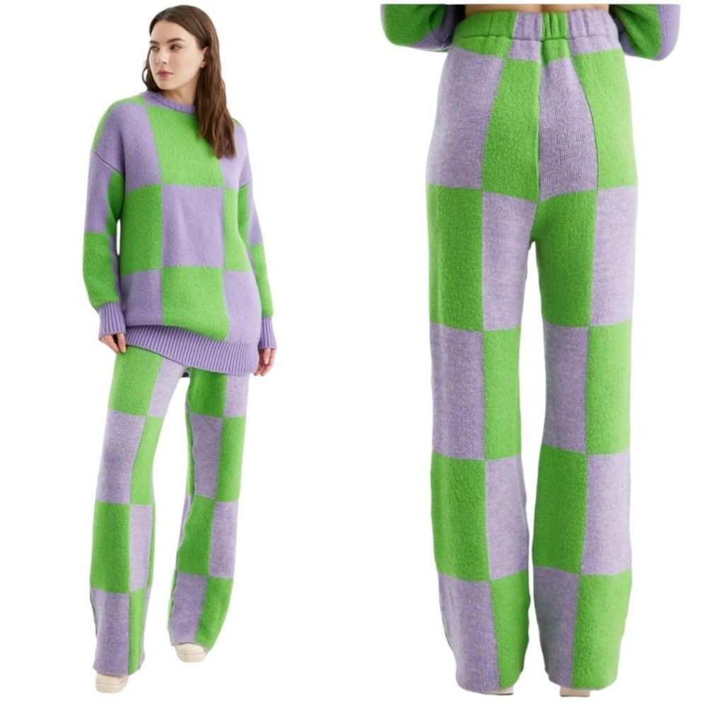 NOCTURNE NOCTURNE WIDE LEG PRINTED CHECKERED PANTS KNITTED COZY COMFY Size 22" - 1 Thumbnail