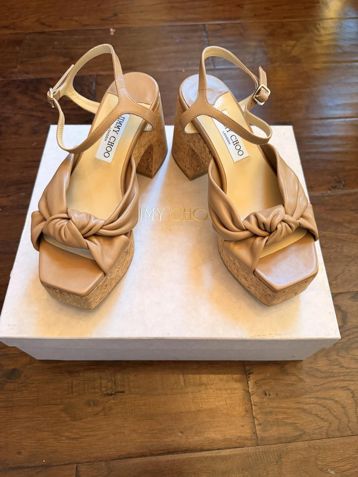 Jimmy Choo Jimmy Choo Beige Leather Platform Sandals with Cork Heel Size US 7 / IT 37 - 3 Thumbnail