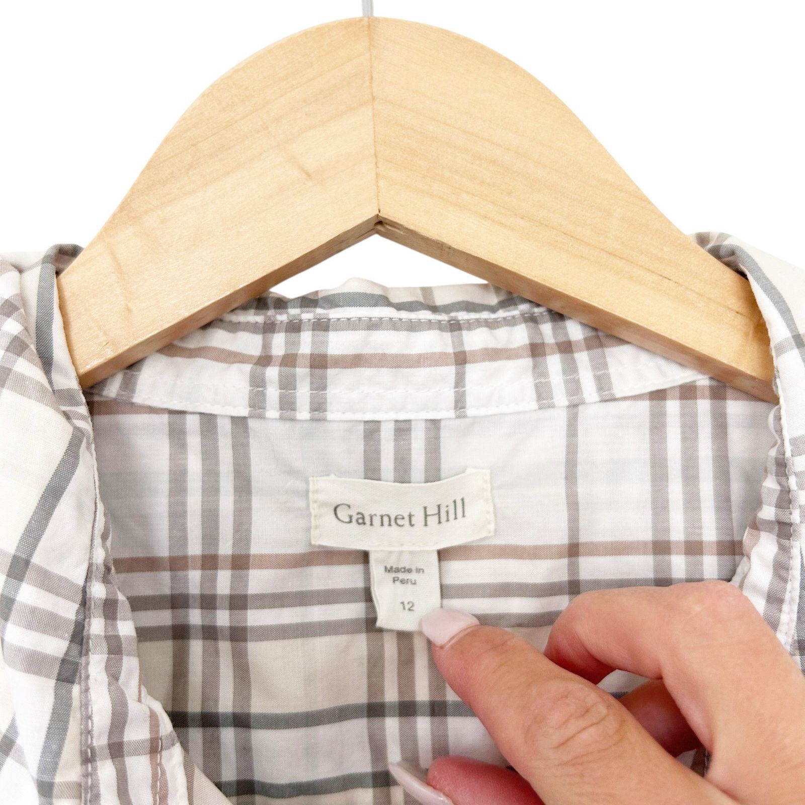 Other Garnet Hill White Tan Plaid Organic Pima Button Down Sz 12 Size XL / US 12-14 / IT 48-50 - 3 Thumbnail
