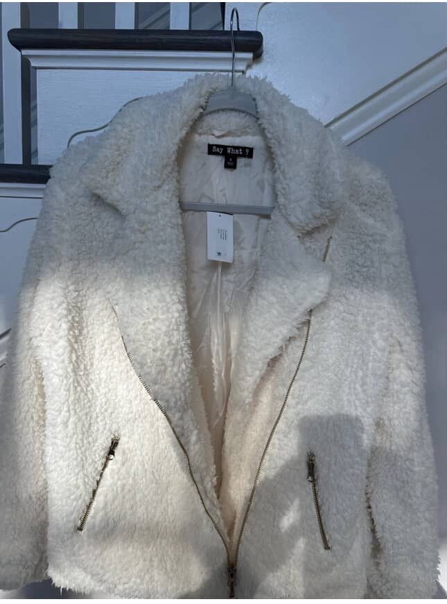 Other NWT Say What ? Fuzzy Ivory Sherpa Moto Jacket Gold Zipper Size S / US 4 / IT 40 - 5 Thumbnail