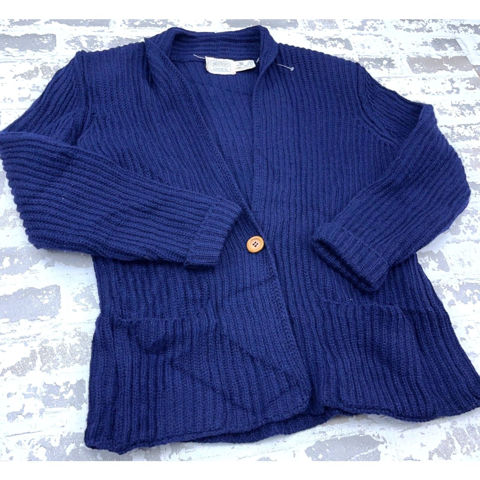 Vintage VINTAGE Susan Bristol Chunky Wool Cardigan Women Small Blue V-Neck All Seasons 90s Size S / US 4 / IT 40 - 3 Thumbnail