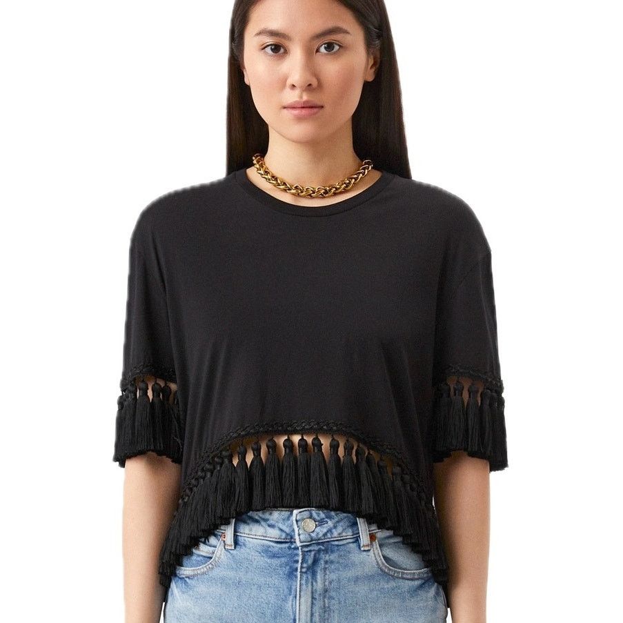 Dolce & Gabbana Dolce & Gabbana Black Tassel Trimmings Jersey T-Shirt IT 38 Size XS / US 0-2 / IT 36-38 - 1 Thumbnail