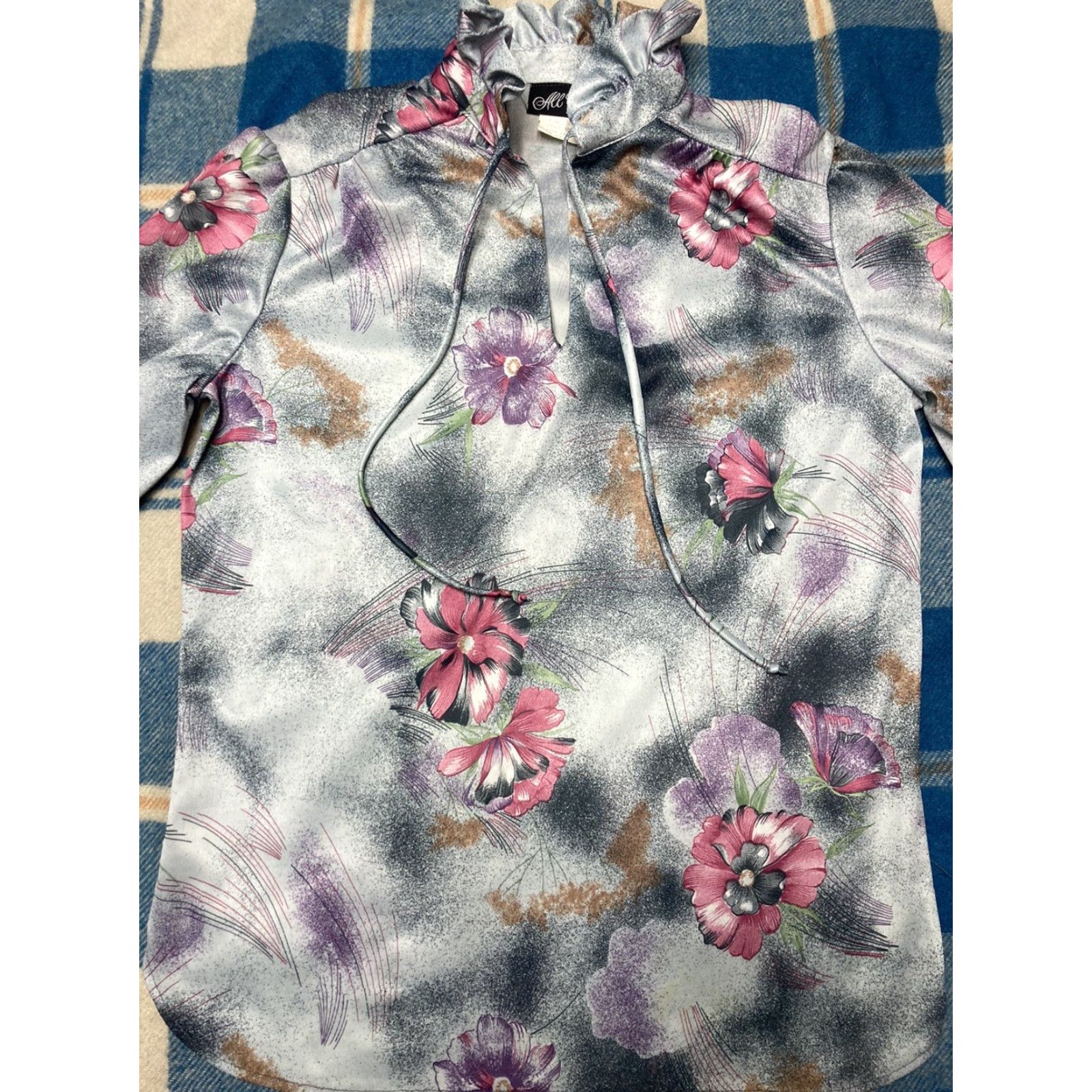 Vintage VINTAGE Blouse Women 14 Deadstock 1970s Floral Polyester California NWT Gray Size XL / US 12-14 / IT 48-50 - 2 Thumbnail