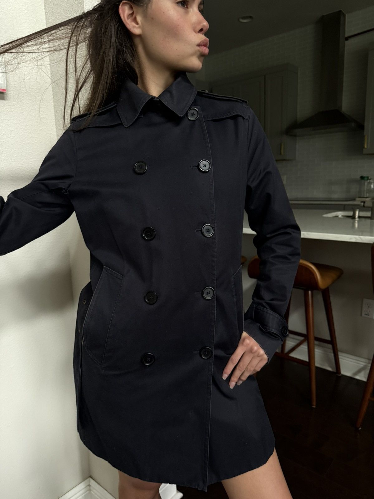 Sandro Sandro Paris Navy Double Breasted Raincoat Leather Details Size M / US 6-8 / IT 42-44 - 2 Thumbnail