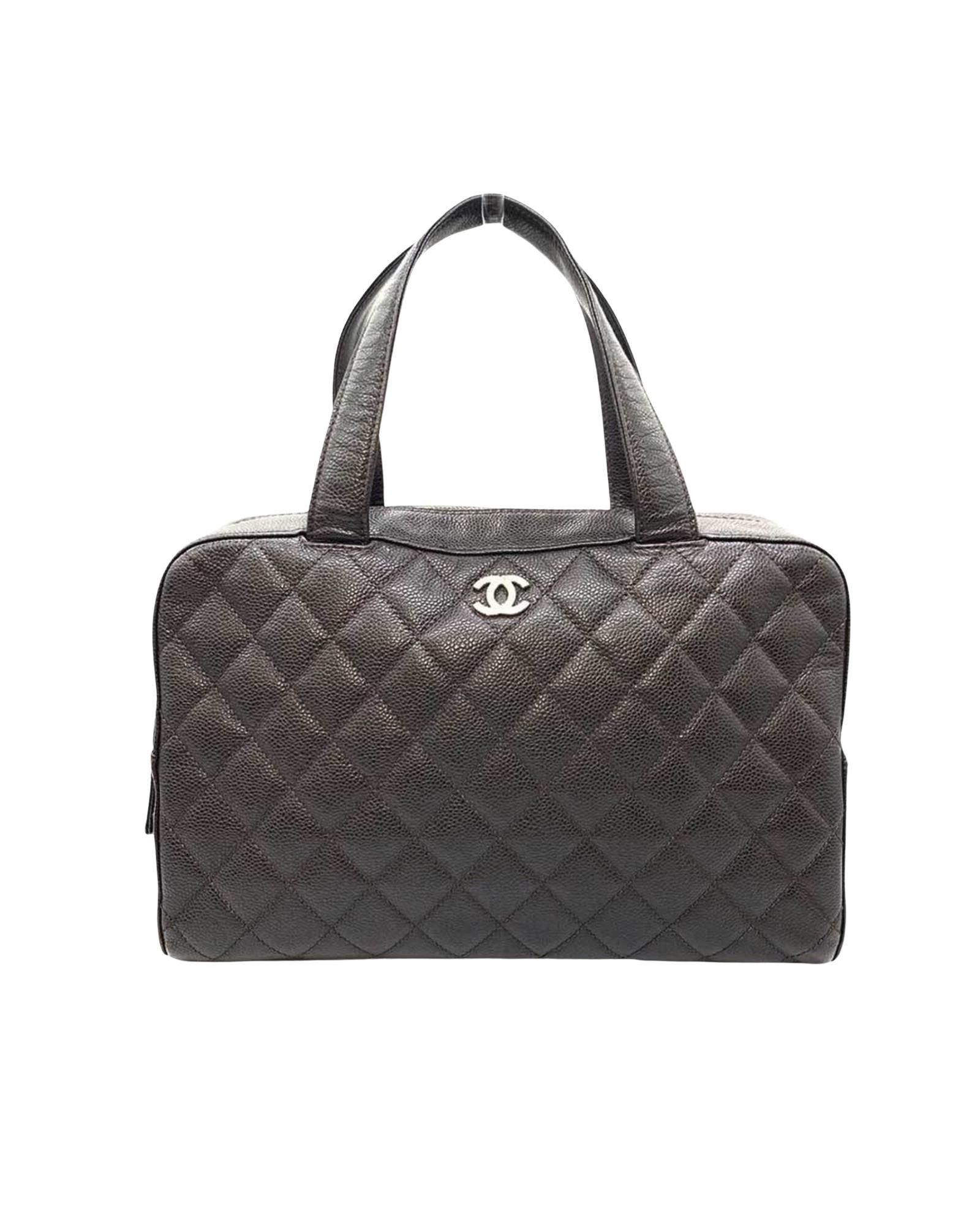 image of Chanel Luxurious Brown Leather Boston Bag With Zipper Closure, Women's