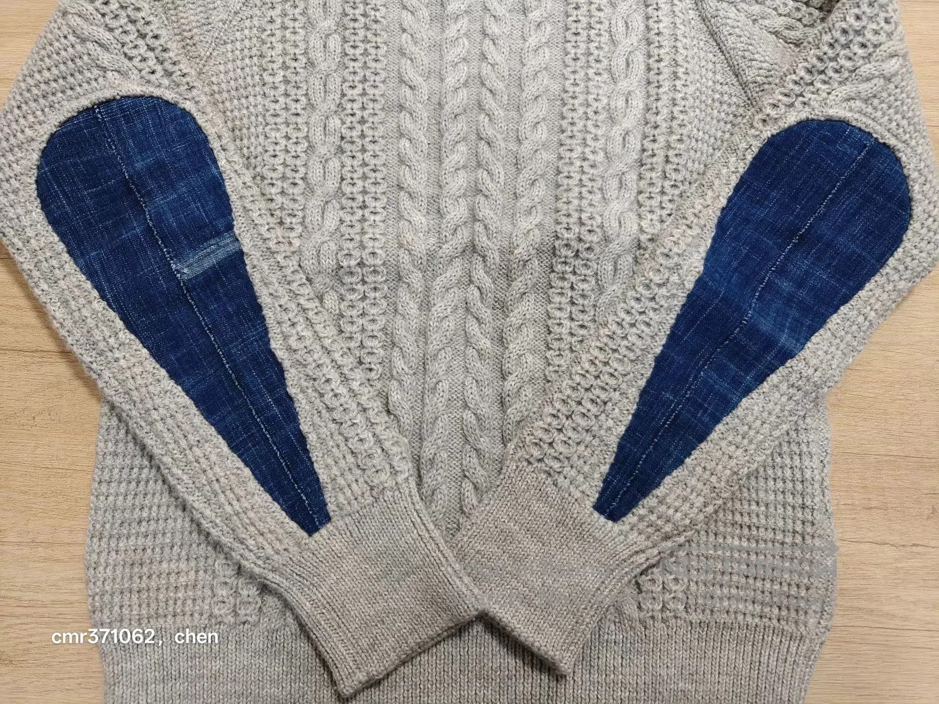 Visvim Gray Cable Knit Sweater with Denim Elbow Patches Size S. Size US S / EU 44-46 / 1 - 5 Thumbnail