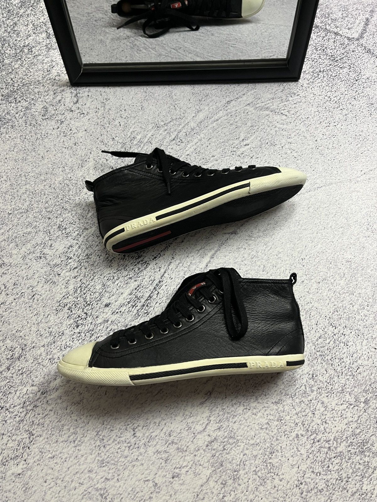 Prada Prada Red Tab Leather High Top Sneakers Shoes Size US 6 / IT 36 - 1 Thumbnail