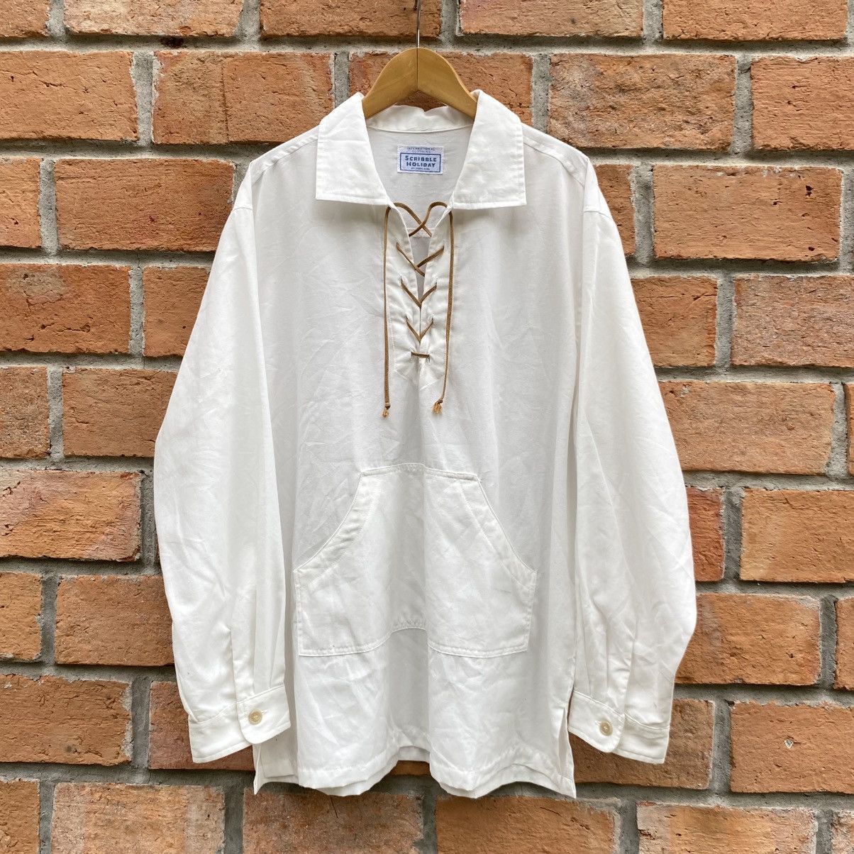 Vintage Vintage White Lace-Up Collar Long Sleeve Shirt Size US L / EU 52-54 / 3 - 25 Thumbnail
