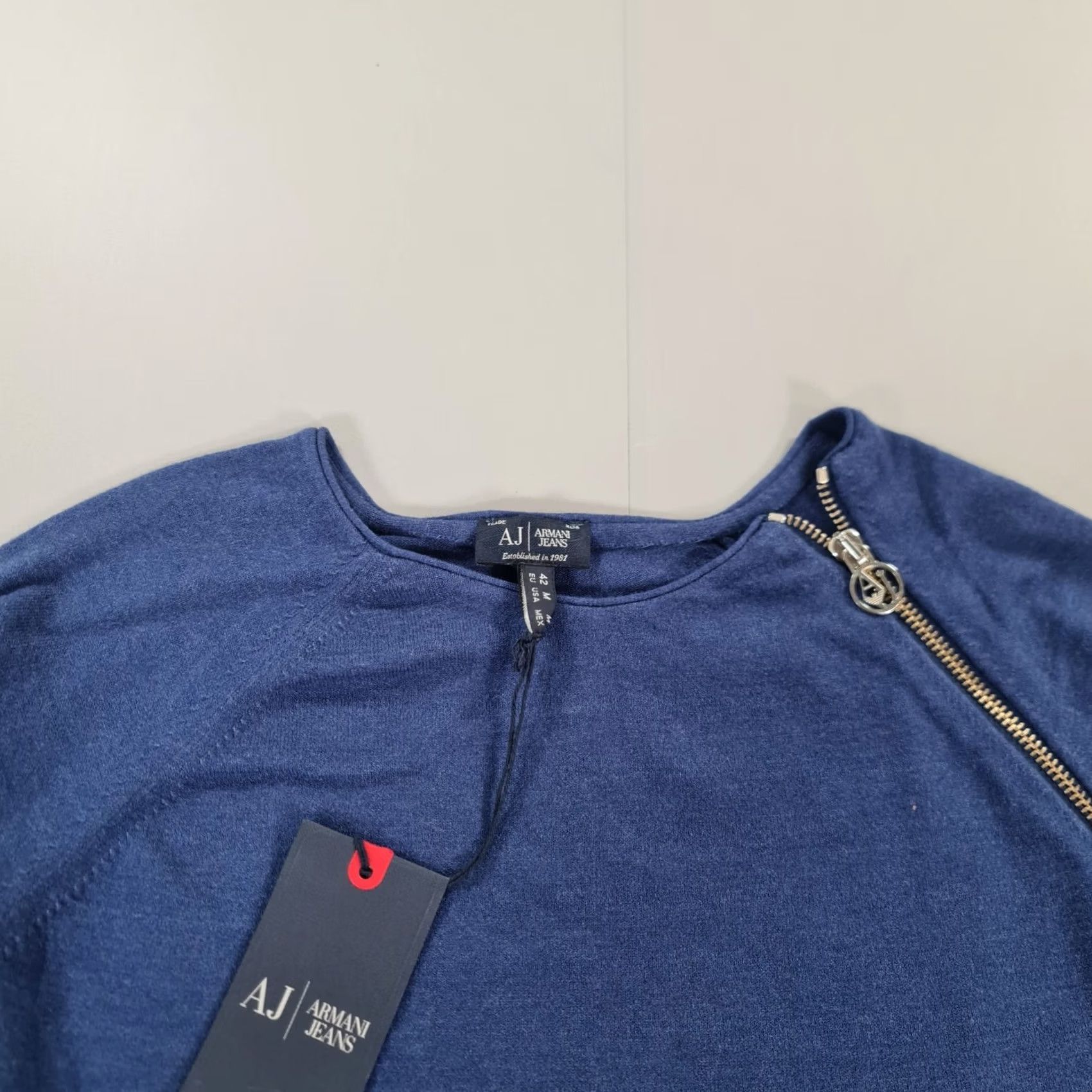Vintage Armani Jeans Jumper Blue Medium Wool Pullover Knit Crew Neck Long Sleeve Ruffle Accents Womens Casual City Designer - No, cannot include dash. Size M / US 6-8 / IT 42-44 - 2 Thumbnail