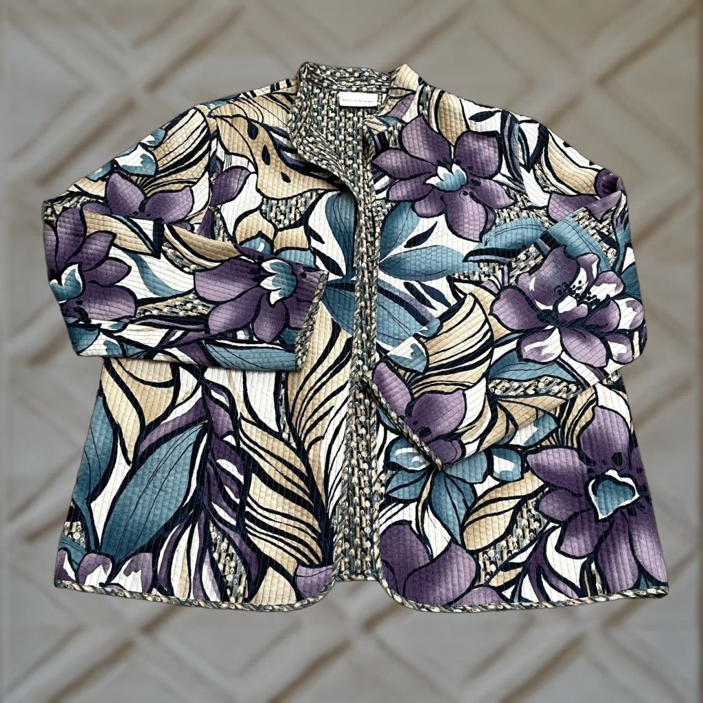 Vintage Alfred Dunner Jacket Womens 12 Purple Floral Reversible Open All Seasons Long Sleeve Casual Workwear Classic Designer Size XL / US 12-14 / IT 48-50 - 1 Thumbnail