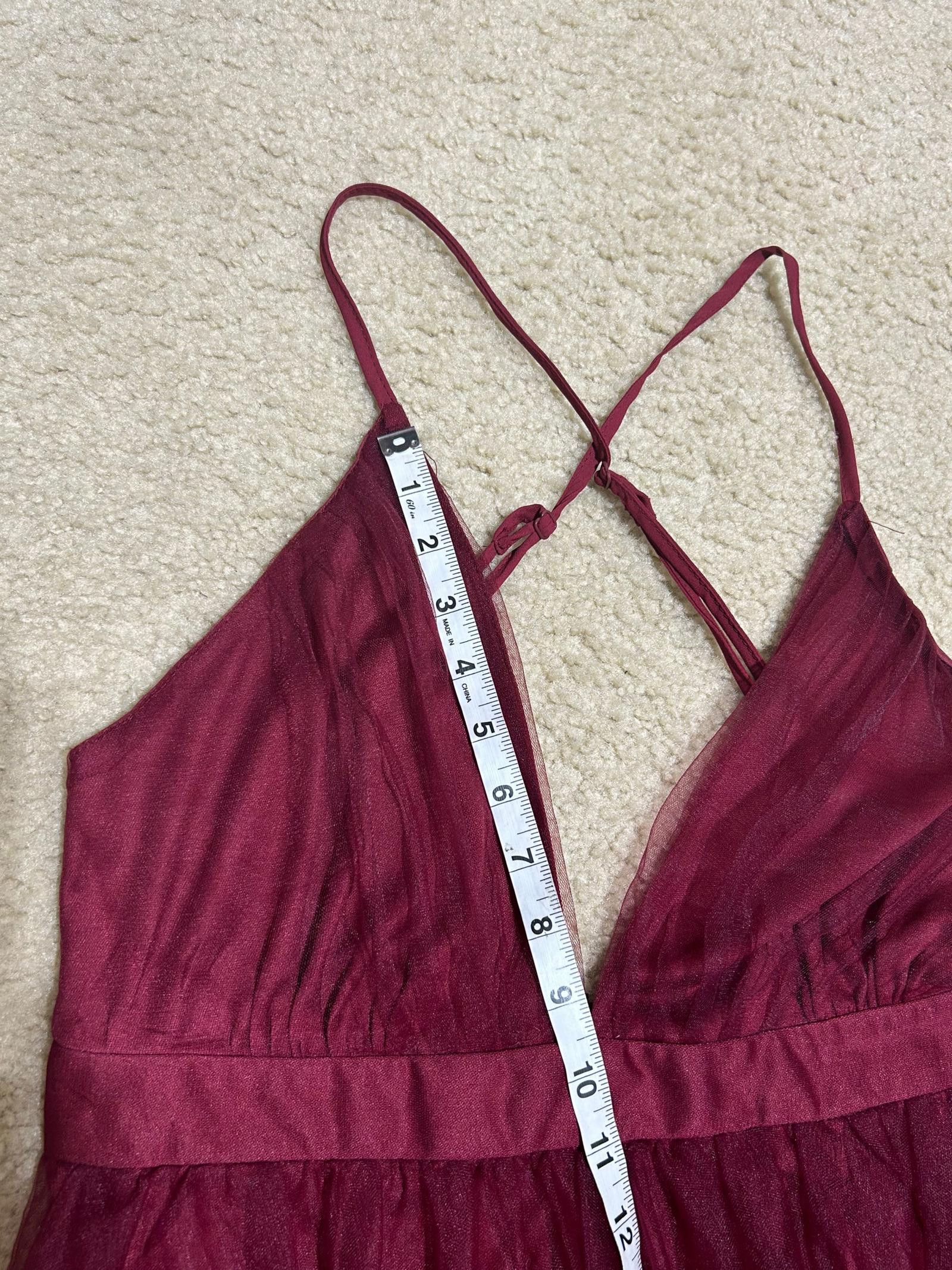 Designer Burgundy Tulle Maxi Dress, Size M - Elegant Strappy Back Size M / US 6-8 / IT 42-44 - 5 Thumbnail