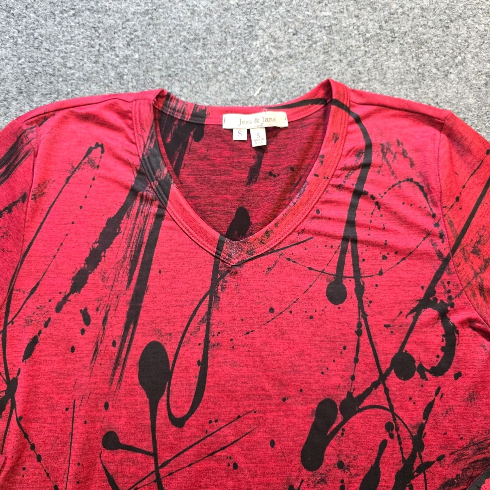 Vintage Jess Jane Top Womens Size Small Red Abstract Art Stretchy Slinky Casual Travel Shirt Blouse Knit Polyester Spandex Long Sleeve Round Neck Vintage No Size S / US 4 / IT 40 - 2 Thumbnail