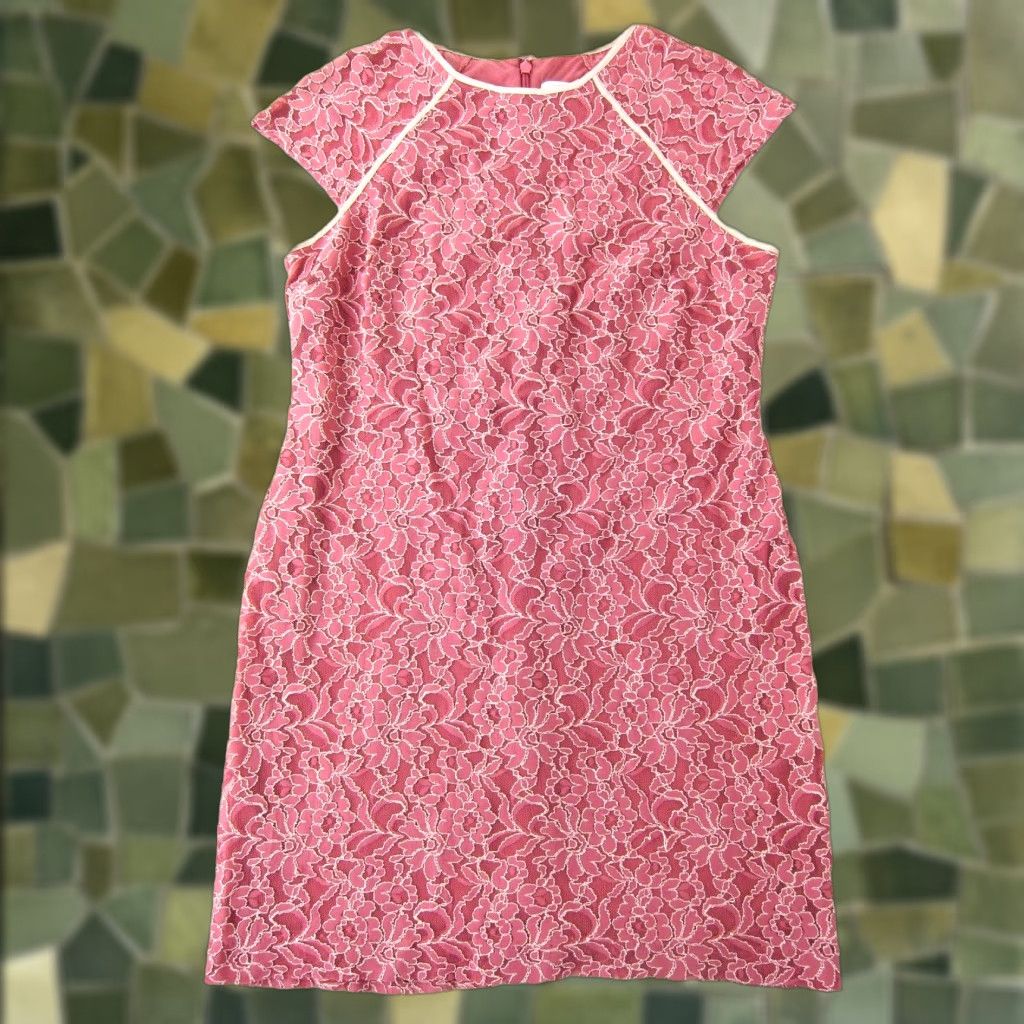Vintage VINTAGE New York & Company Stretch Floral Pink Cap Sleeve Sheath Shift Dress Large Size L / US 10 / IT 46 - 1 Thumbnail