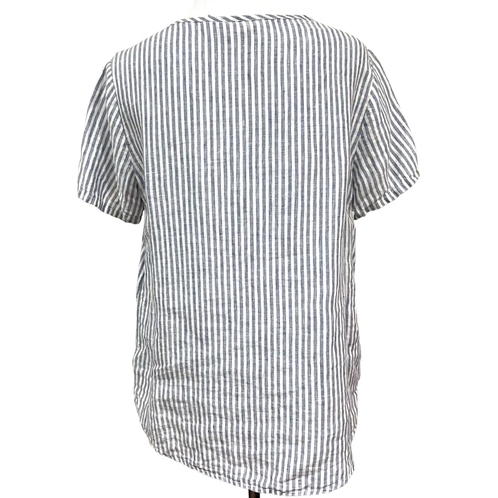Christian Siriano Christian Siriano Blouse Shirt Womens M Blue Striped Linen Short Sleeve Pullover 100% Linen Size M / US 6-8 / IT 42-44 - 5 Thumbnail