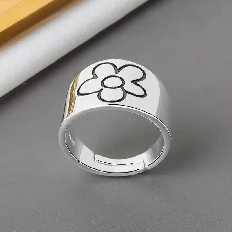 Jewelry Real 925 Silver Geometric flower pattern Adjustable Ring Size ONE SIZE - 1 Thumbnail