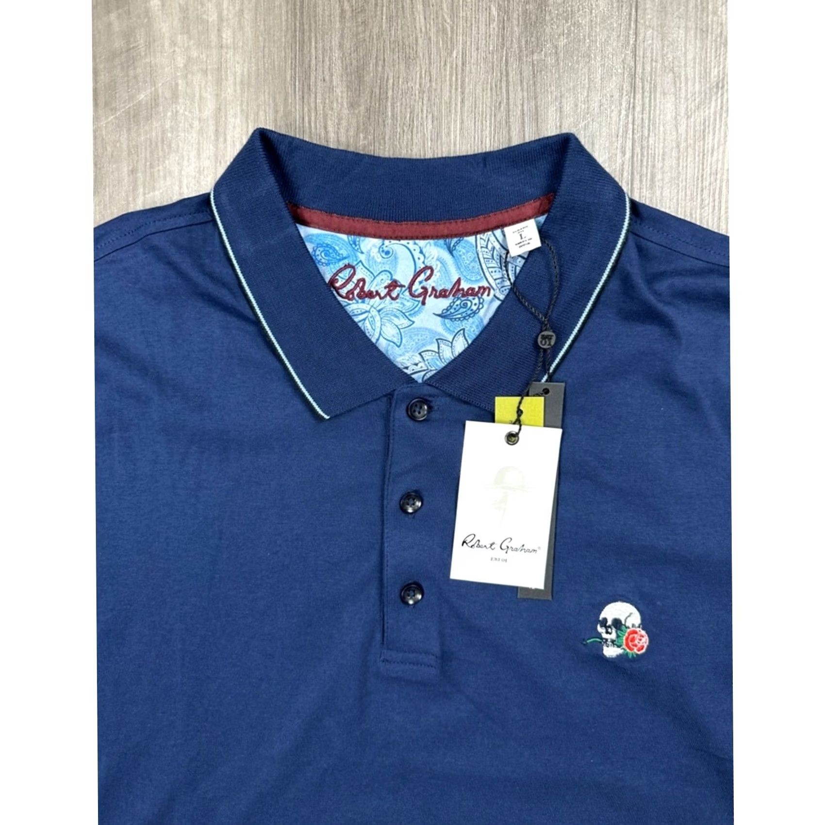 Robert Graham Robert Graham Rossi Skull and Rose Logo Navy Classic Fit Polo - Large Men Shirt Size US L / EU 52-54 / 3 - 5 Thumbnail