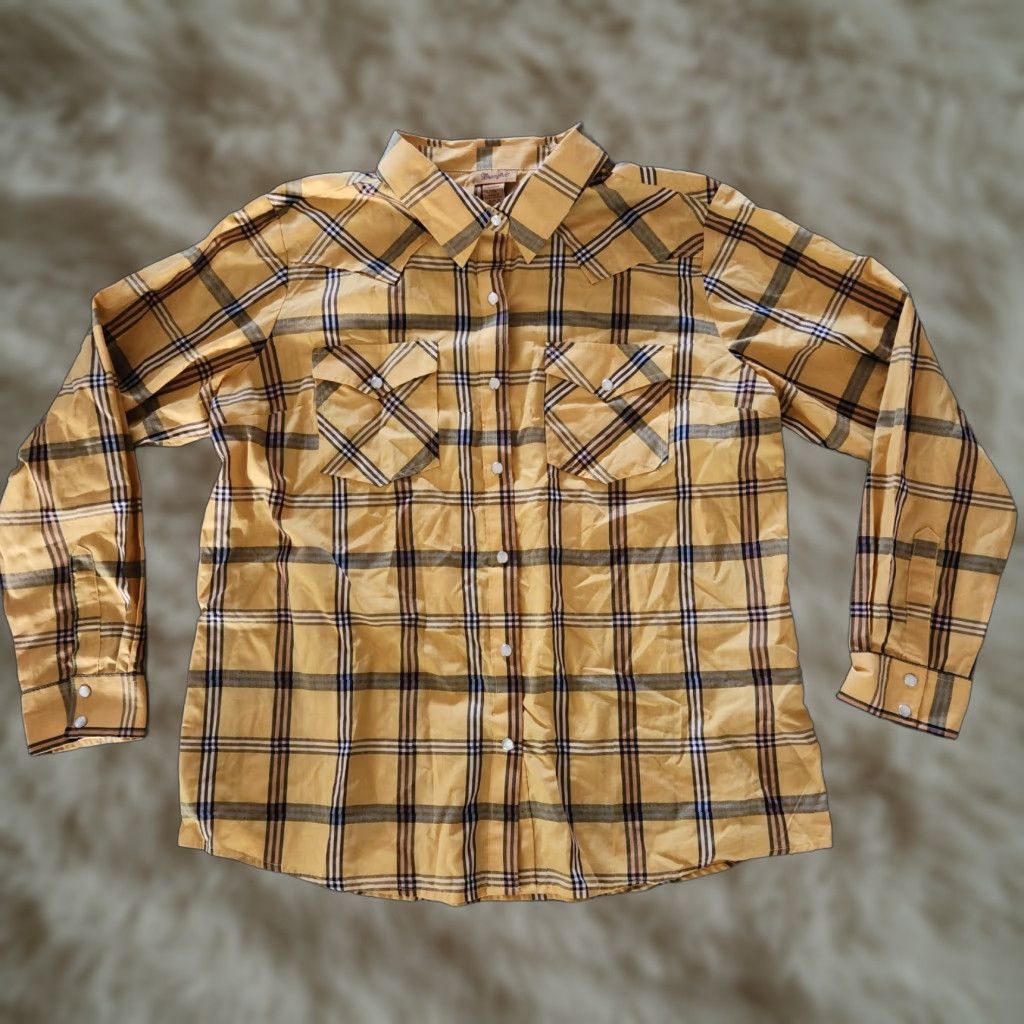 Wrangler Wrangler Mens XXL Pearl Snap Yellow Plaid Western Shirt Cowboy Shirt Cowboy Western Button-Up Long Sleeve Pearl Snap Pockets Vintage No Size US XXL / EU 58 / 5 - 1 Thumbnail