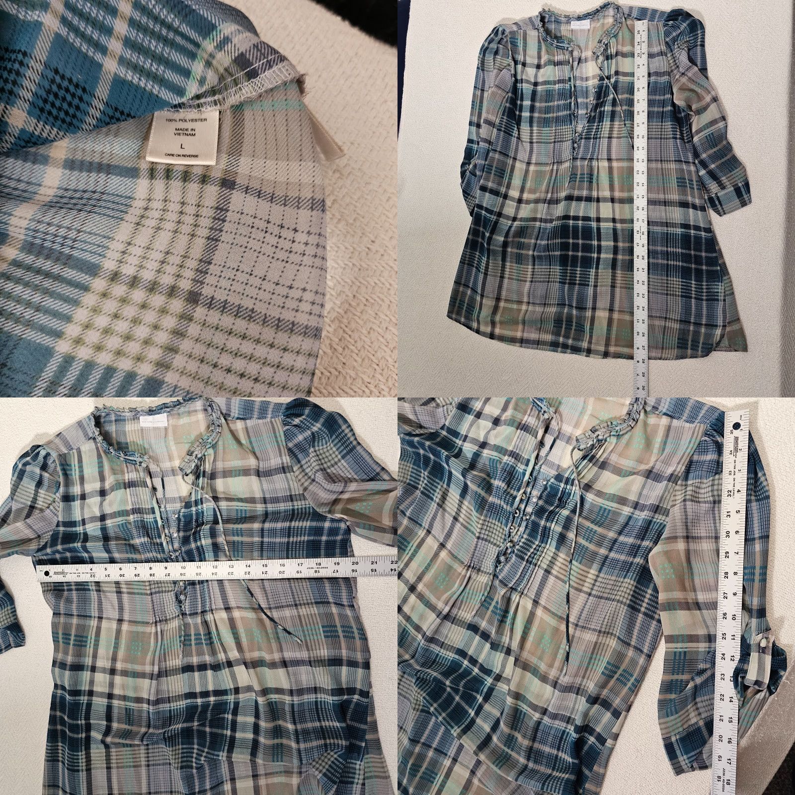 Vintage New York & Company Blouse Women's Large Blue Plaid V Neck Roll Tab Sleeve Sheer Size L / US 10 / IT 46 - 8 Thumbnail