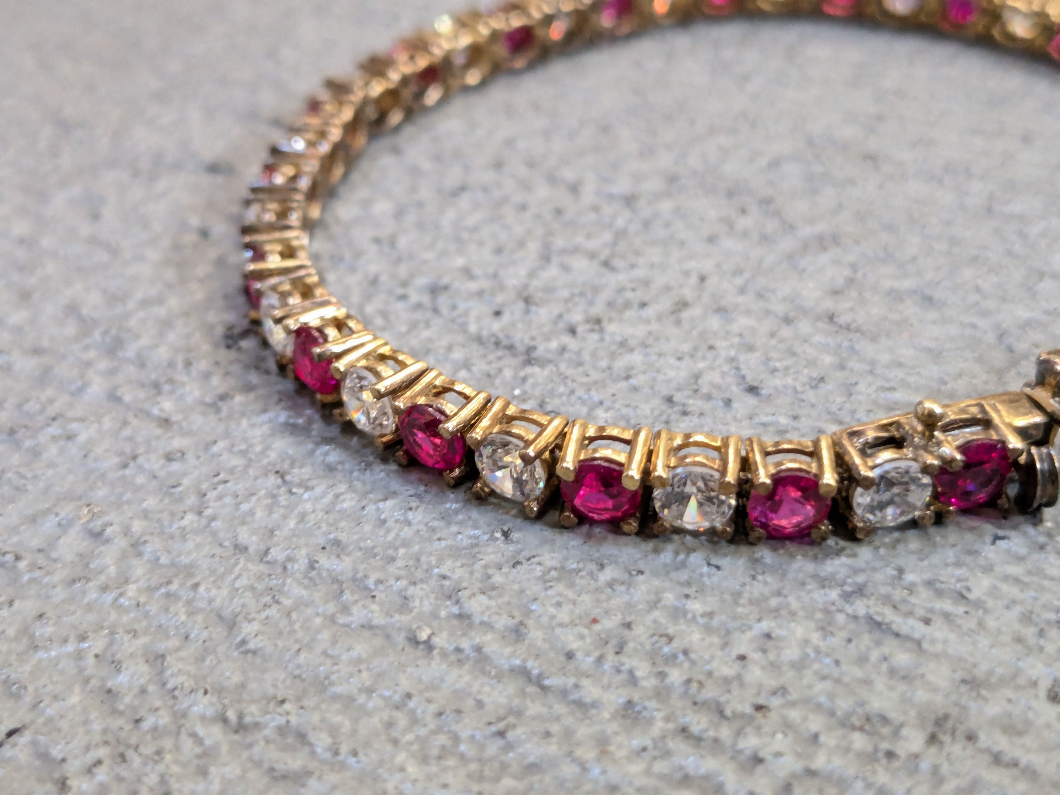 Jewelry Vintage Sterling Silver Bracelet 7.5" Red Ruby CZ Round Gold Size ONE SIZE - 3 Thumbnail