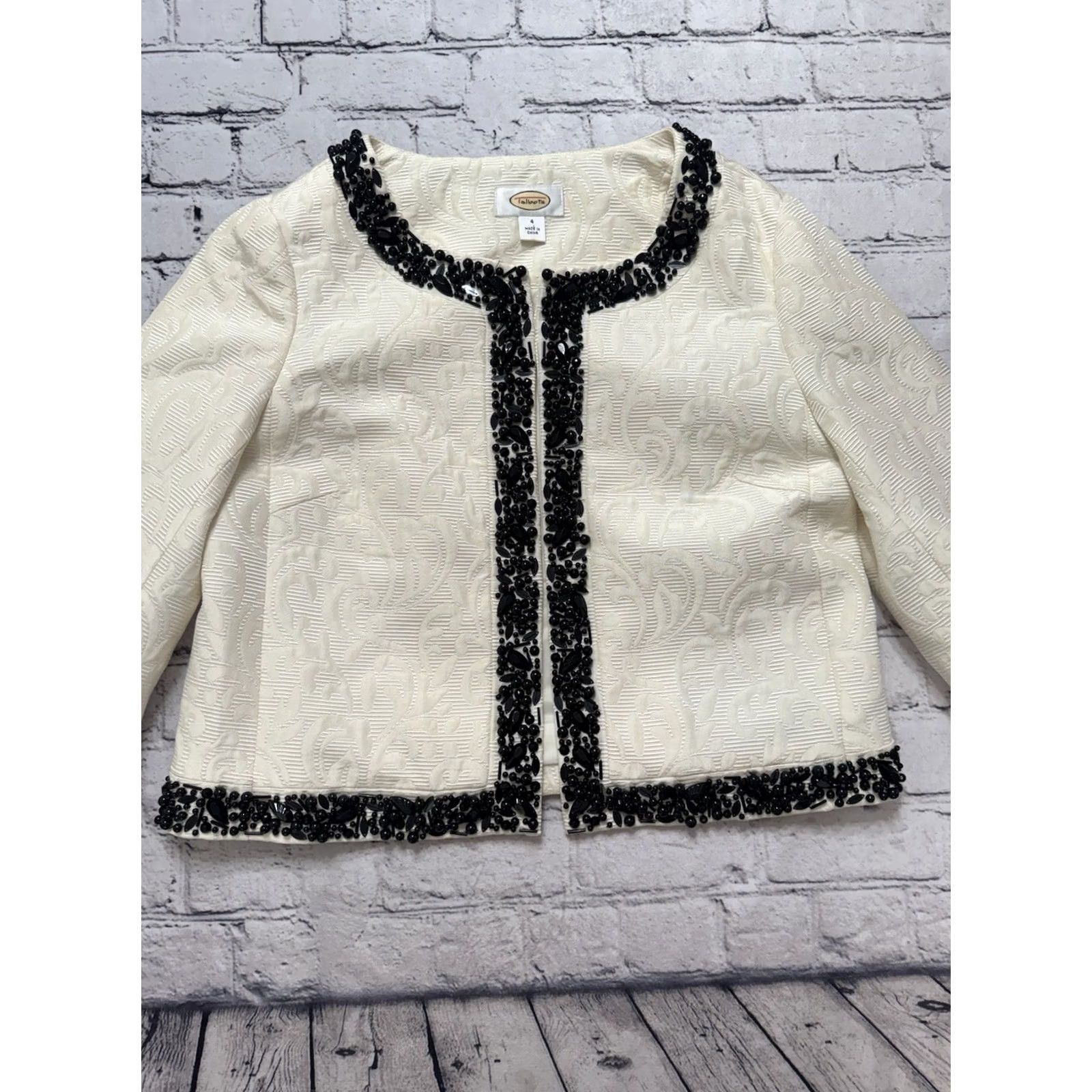 Talbots TALBOTS WMN Summer White Jacquard Black Beaded Lined Jacket Blazer Top Size S / US 4 / IT 40 - 3 Thumbnail