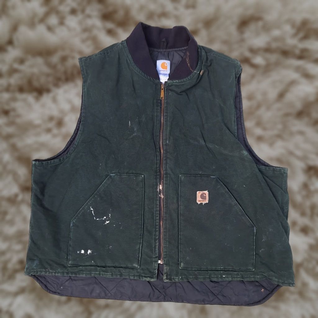 VINTAGE Carhartt V02 Mens Vest 3XL Full Zip Insulated Quilted Canvas Green 90s Retro USA Bohemian Outdoor Pockets