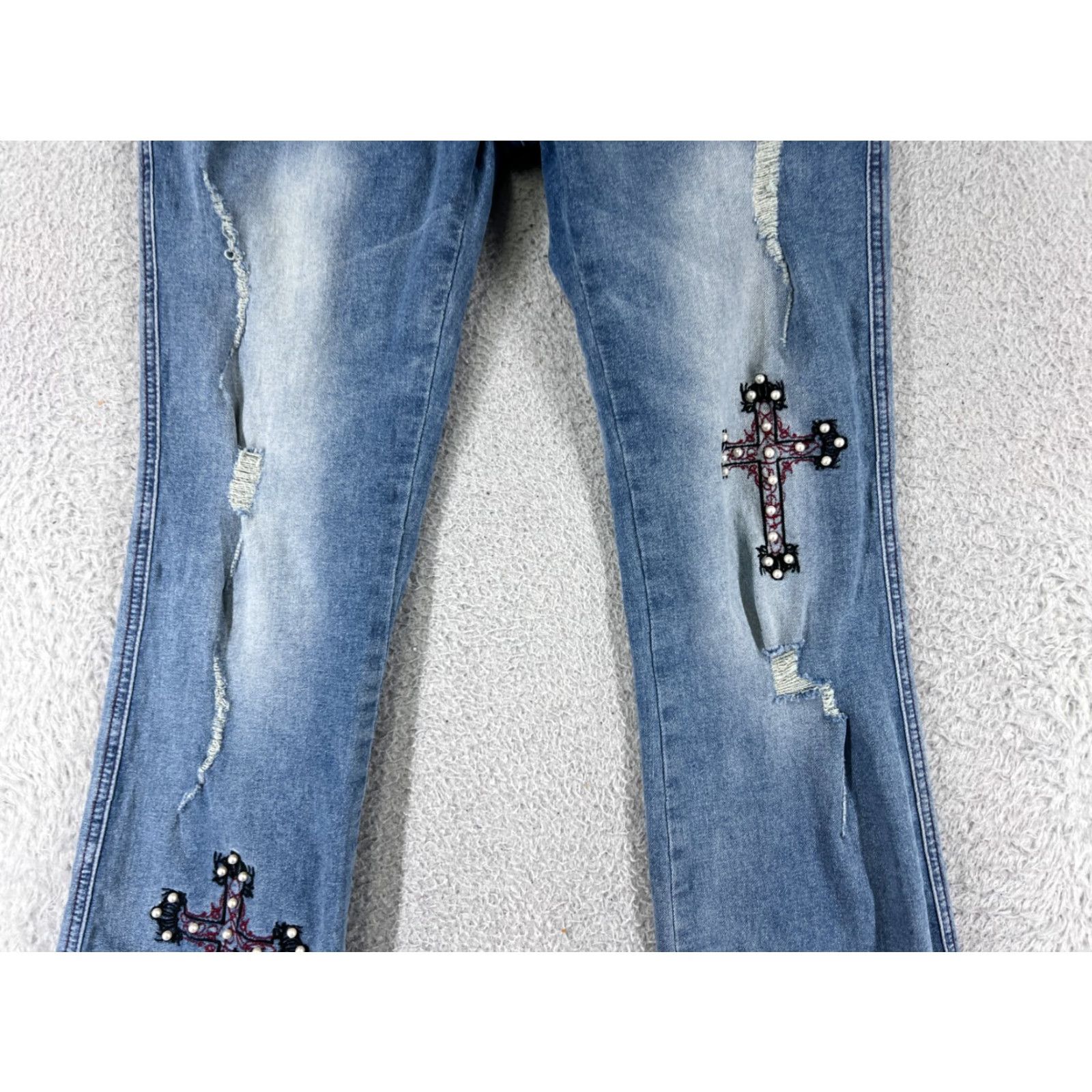 Denime Jeans Women 24 Blue Denim Flared Distressed Embellished Crosses 5-Pocket Regular Inseam 24 Denim Jeans Hippie Size 42" / US 20 - 5 Thumbnail
