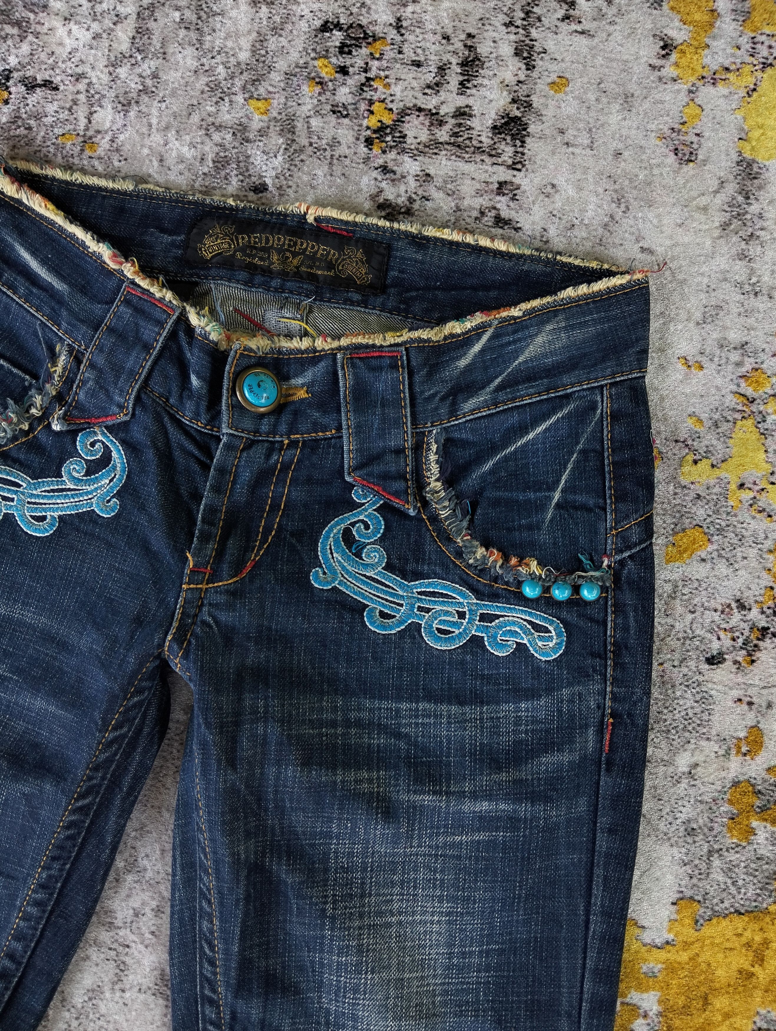 Y2K Red Pepper Flared Embroidered Wings Low Rise Jeans