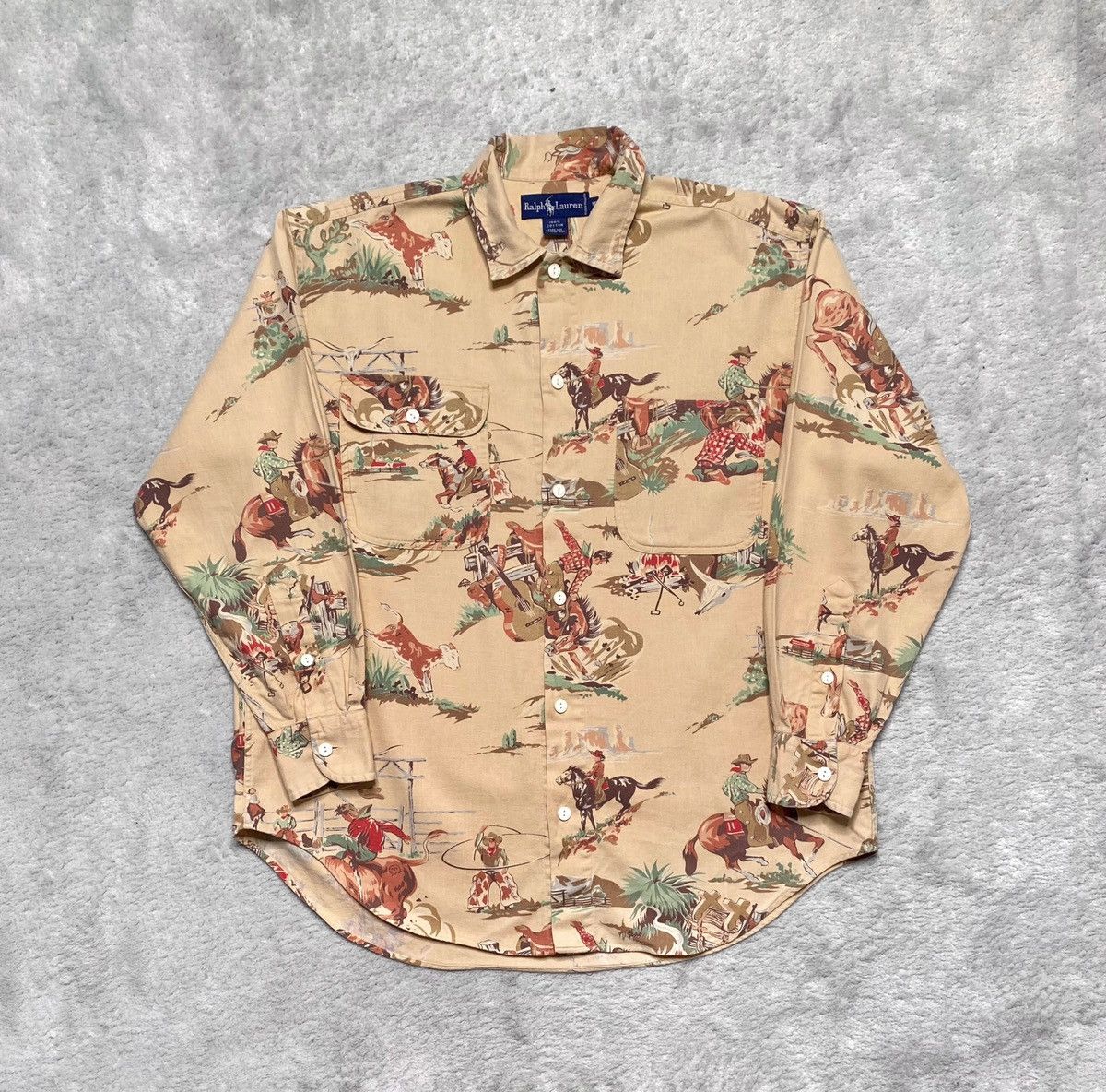 image of Vintage Polo Ralph Laurent Shirt Beige Fullrpint Horses, Men's (Size Large)
