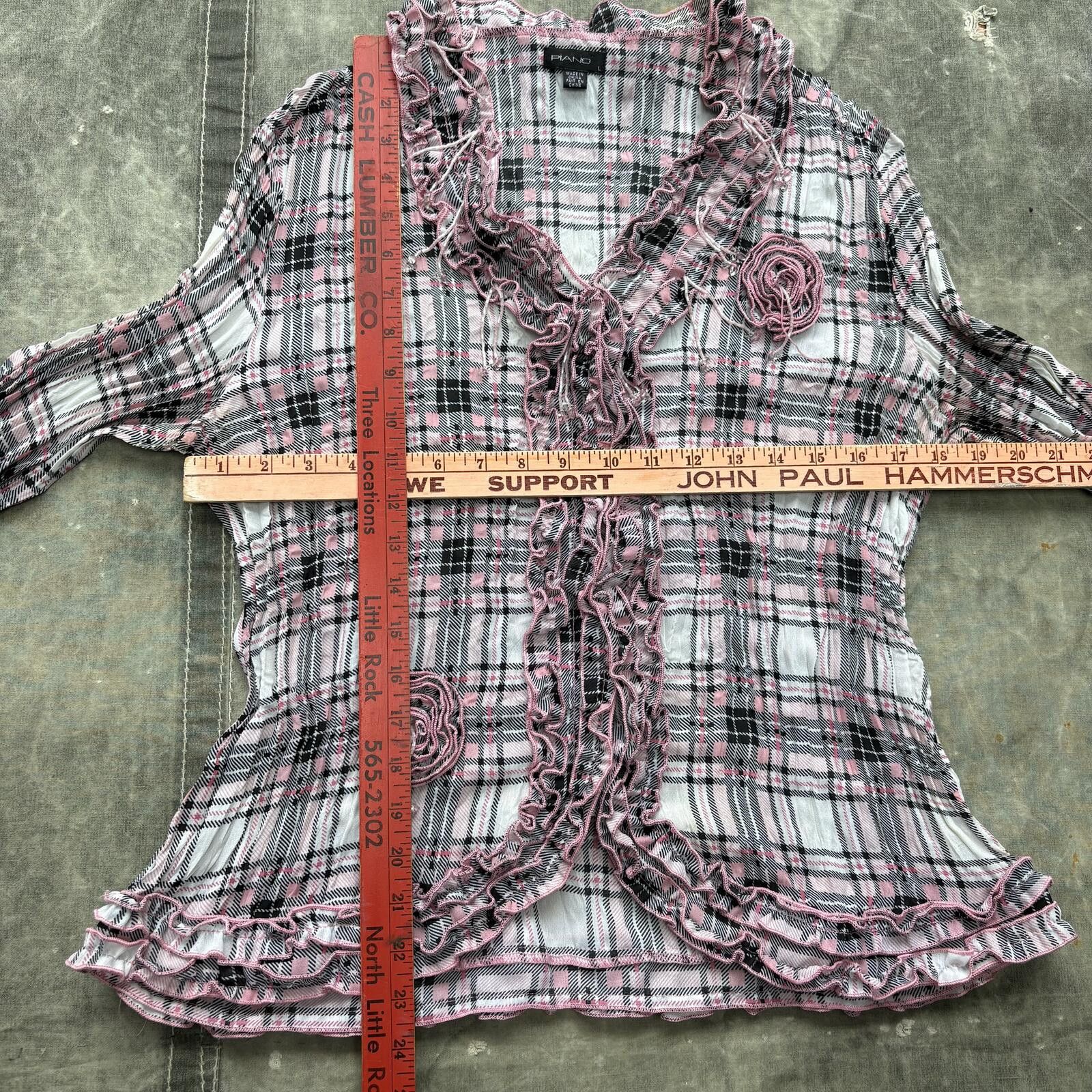 Vintage Vintage Y2K Pink Plaid Pleated Ruffled Rose Beaded Blouse Size L / US 10 / IT 46 - 4 Thumbnail