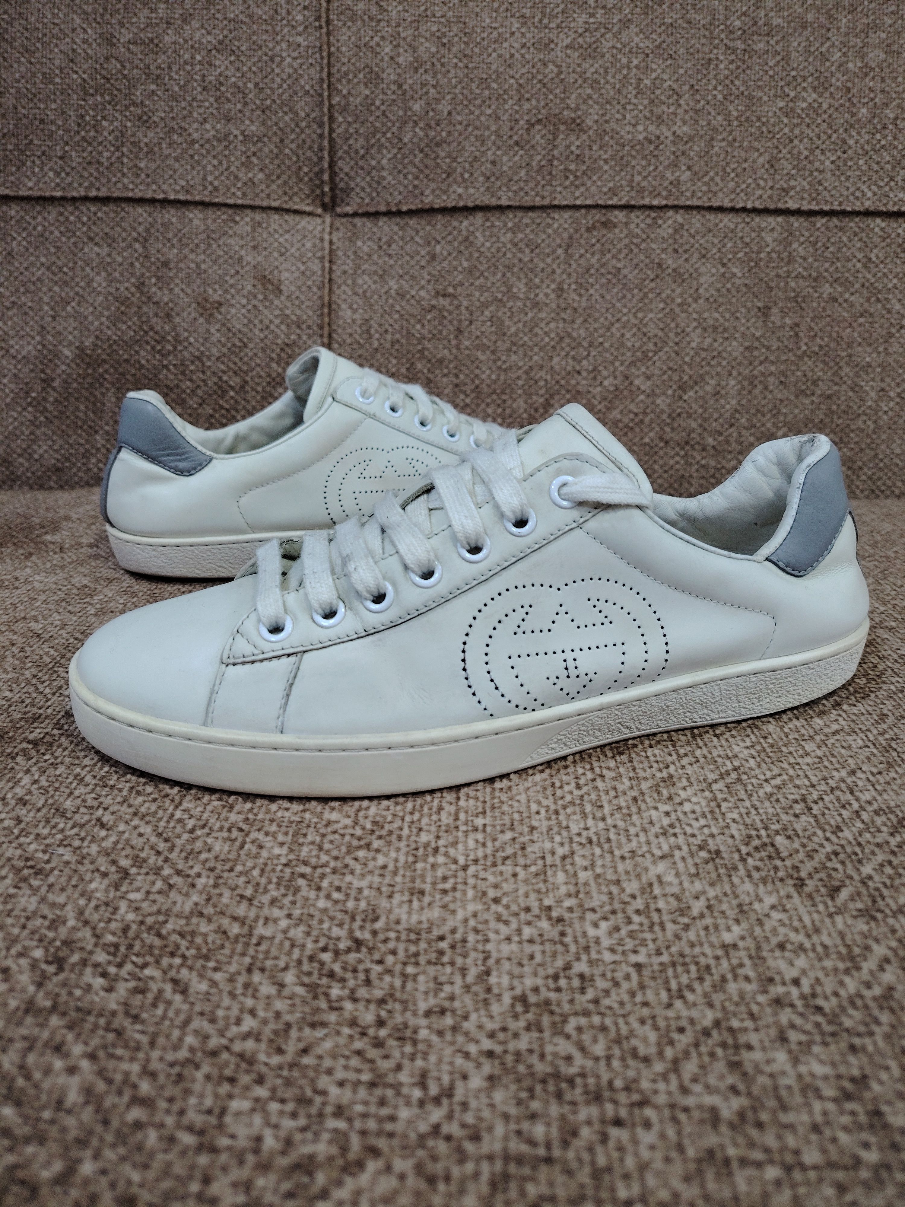 Gucci White Perforated Interlocking GG Leather Ace Sneakers Low Top Sneakers