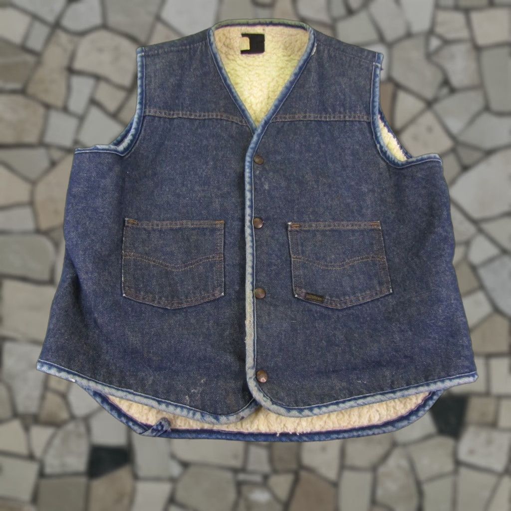 Denime VINTAGE Roebuck & Co. Men's Denim Vest Large Tall Western Cowboy Insulated Wool Lined 70s Size US L / EU 52-54 / 3 - 1 Thumbnail