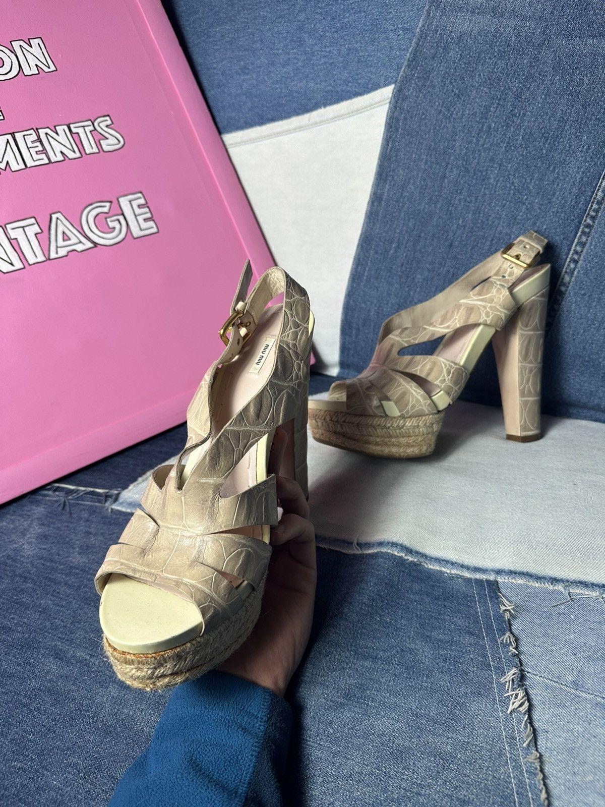 Miu Miu Miu Miu Sandals Open Toe Heels Strappy Platform Beige Size US 8 / IT 38 - 8 Thumbnail