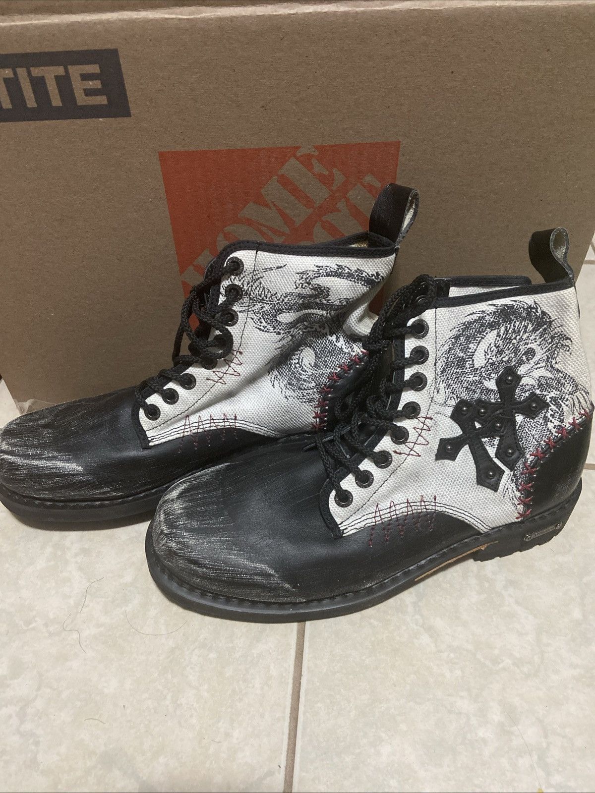 Affliction × Vintage VTG AFFLICTION Distressed Leather/Canvas Dragon Combat Boots Size US 11 / EU 44 - 1 Thumbnail