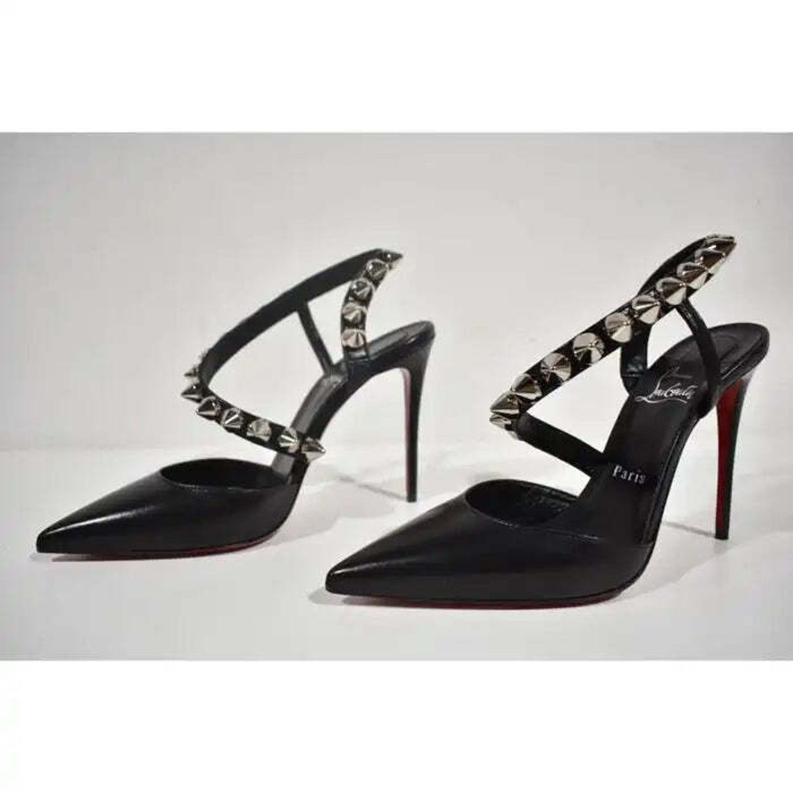 Christian Louboutin Spikita Pump 100 Black Silver Spike Strappy Sandal Heel 39 Size US 9 / IT 39 - 9 Thumbnail