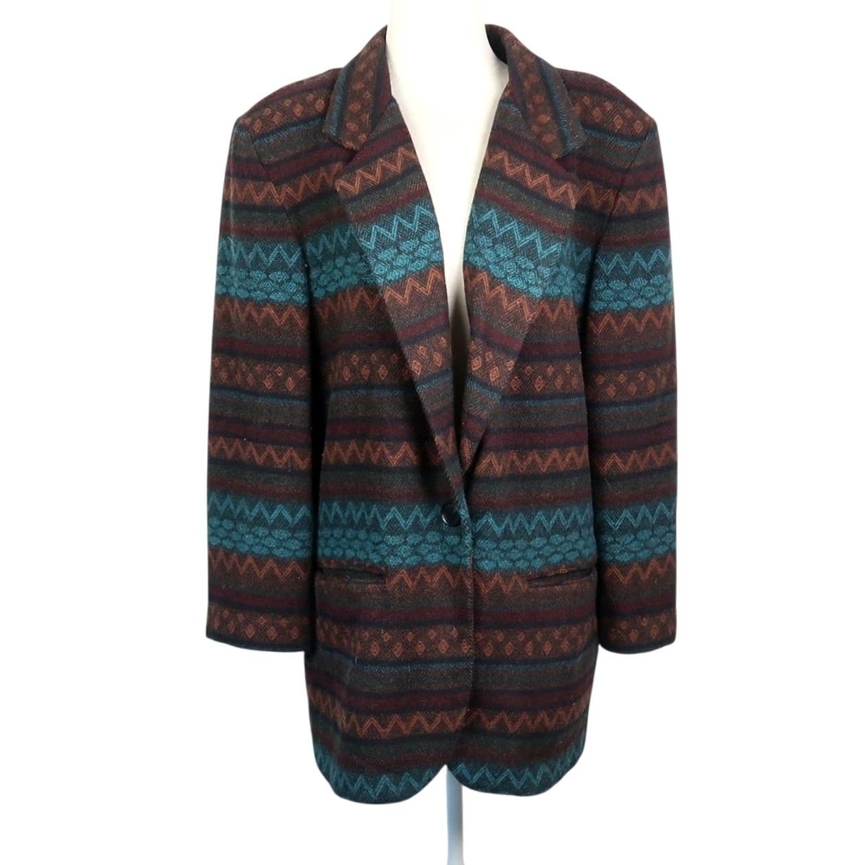 Casablanca VINTAGE Casablanca Blazer Jacket Geometric Wool 10 Womens Brown Blue Pattern 80s 90s Bohemian Fall Winter Button Closure Size L / US 10 / IT 46 - 2 Thumbnail