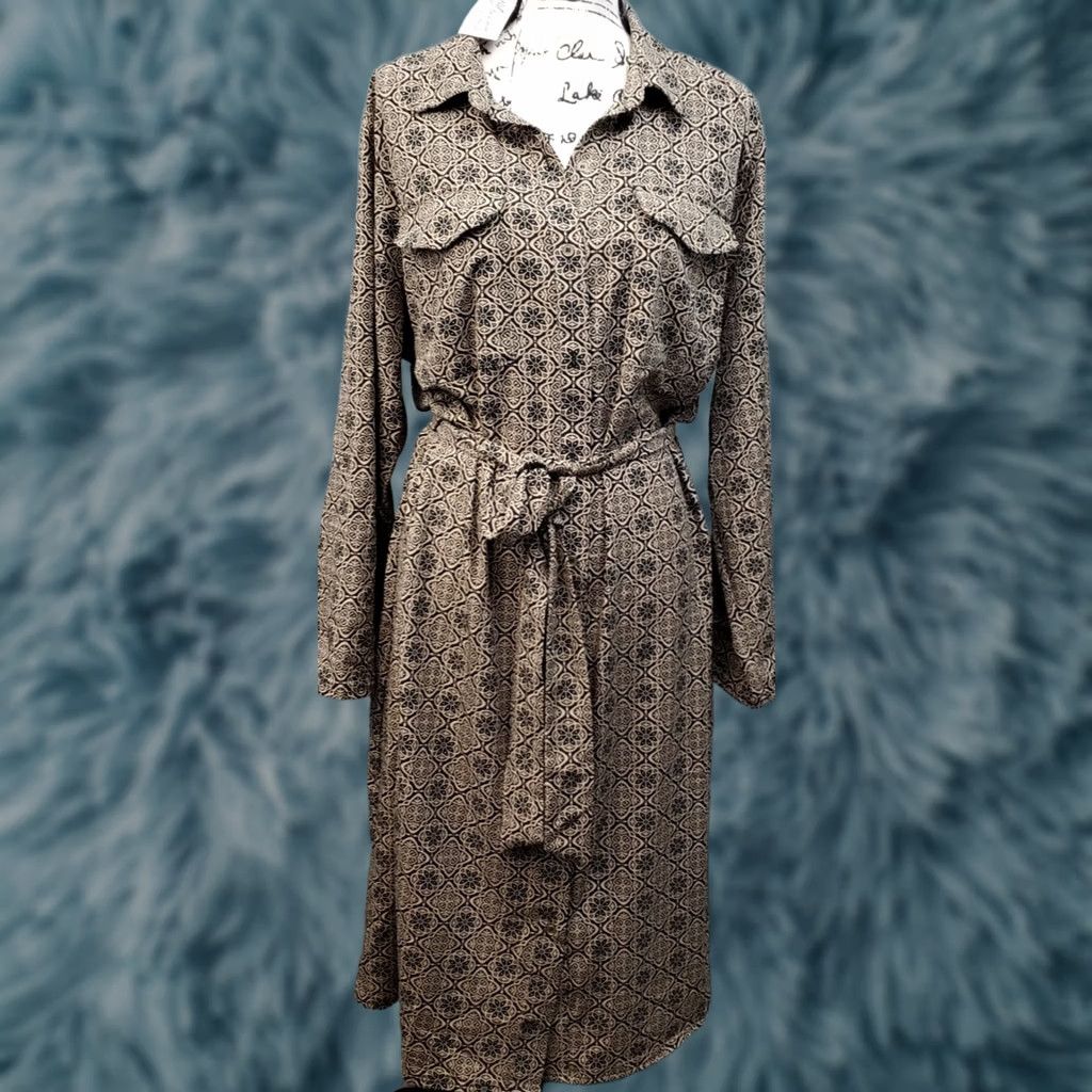 Vintage NY Collection Shirt Dress Womens 2X Brown Black Floral Print Collared Tie Waist Size XXL / US 16-18 / IT 52-54 - 1 Thumbnail