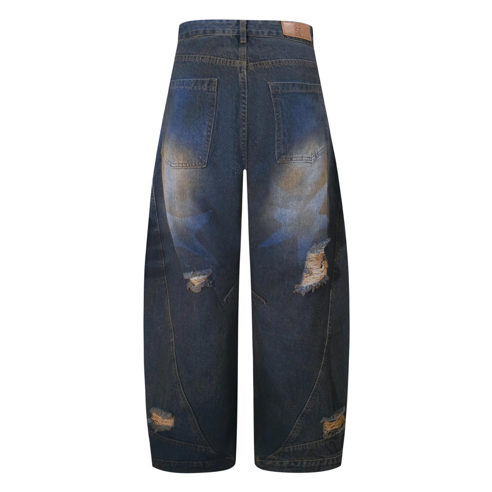 Japanese Brand Distressed Blue and Brown Wide Leg Denim Jeans, Baggy Fit Size US 28 / EU 44 - 5 Thumbnail