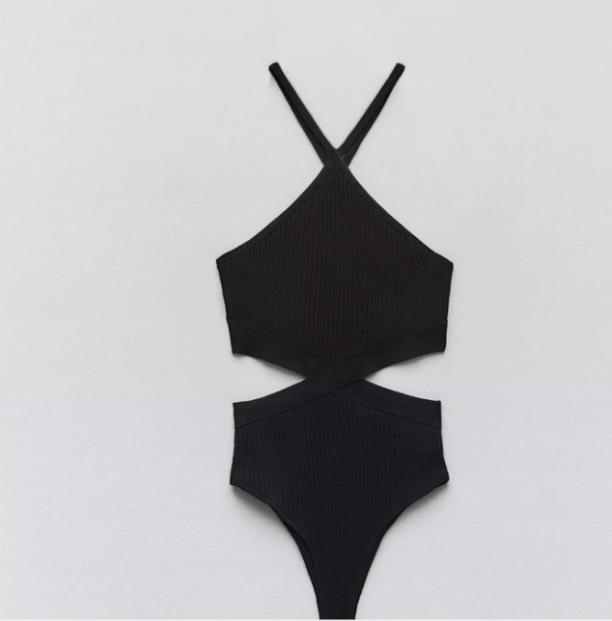 Zara Zara Rib Cutout Y2K Halter Bodysuit Black ( S ) Size S / US 4 / IT 40 - 3 Thumbnail