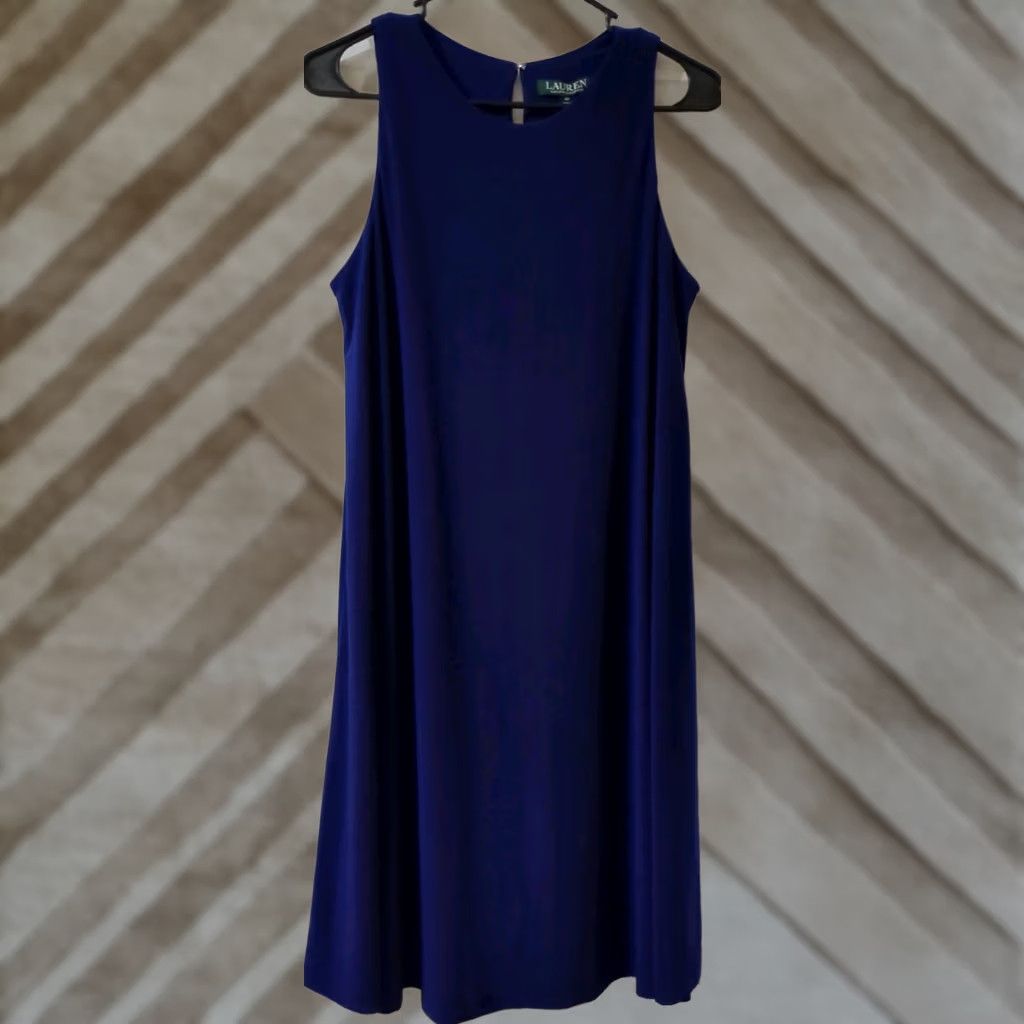 Ralph Lauren Lauren Ralph Lauren Dress 10 Blue A-Line Sleeveless Knee Length Knit Polyester Blend Lined Stretch Women Small City Classic Preppy Workwear Men's? Size L / US 10 / IT 46 - 1 Thumbnail