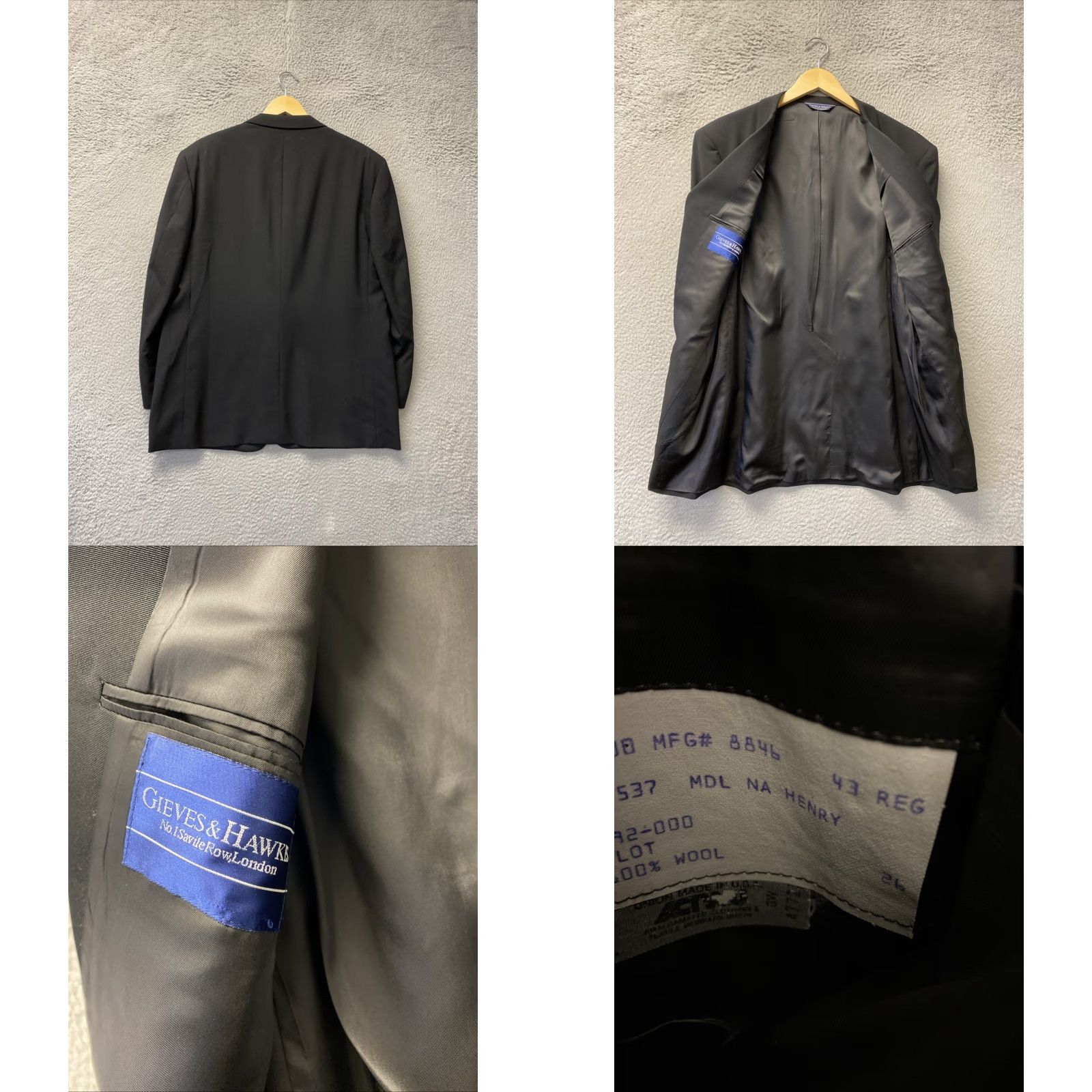 Gieves & Hawkes GRIEVES & HAWKES Tuxedo Men 43R Black 1-Button Single-Breasted Wool 2 Piece Suit | Long Jacket, Black Tuxedo for Business Wedding Casual Mens Size 40R - 9 Thumbnail