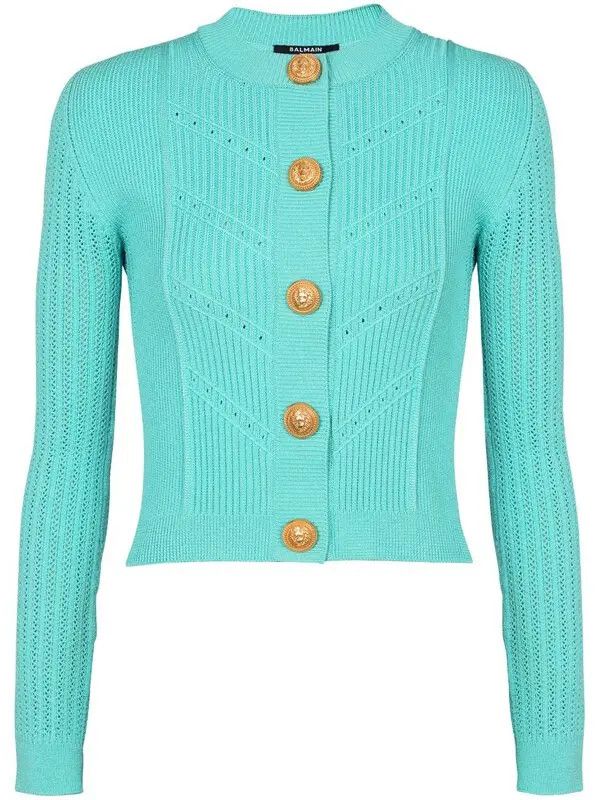 Balmain o1s1wg110725 Embossed Buttons Cardigan in Teal Blue Size S / US 4 / IT 40 - 1 Thumbnail