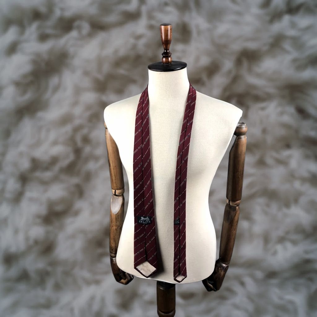 Celine CÉLINE Paris Silk Men Tie Striped Hand Made Burgundy 100% Silk Classic Neckwear Size ONE SIZE - 1 Thumbnail