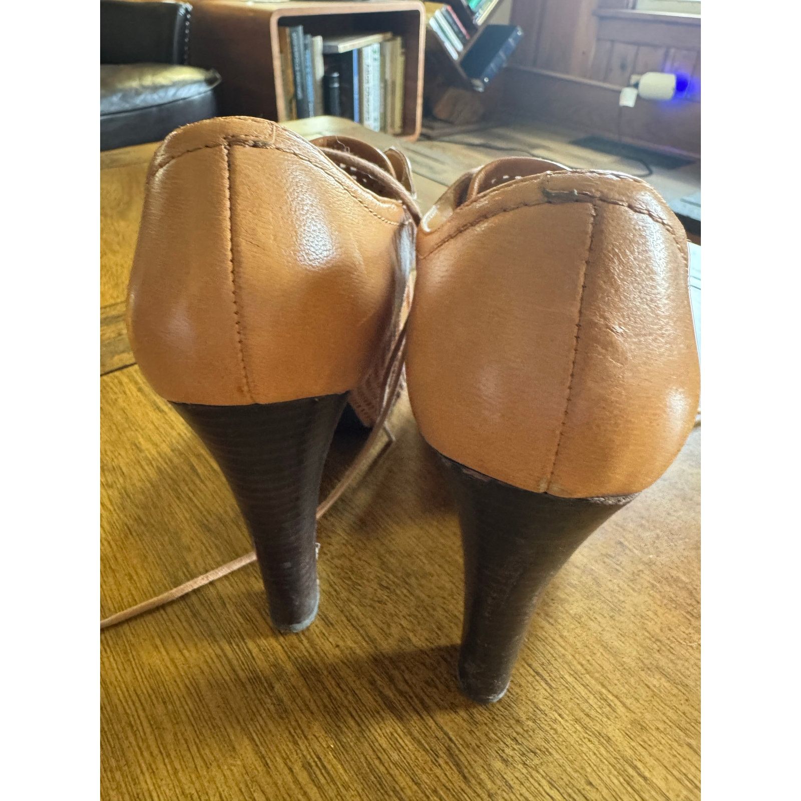 Nine West Nine West Tan Leather Peep Toe Booties Lace Up Heel 7.5M Size US 7.5 / IT 37.5 - 8 Thumbnail