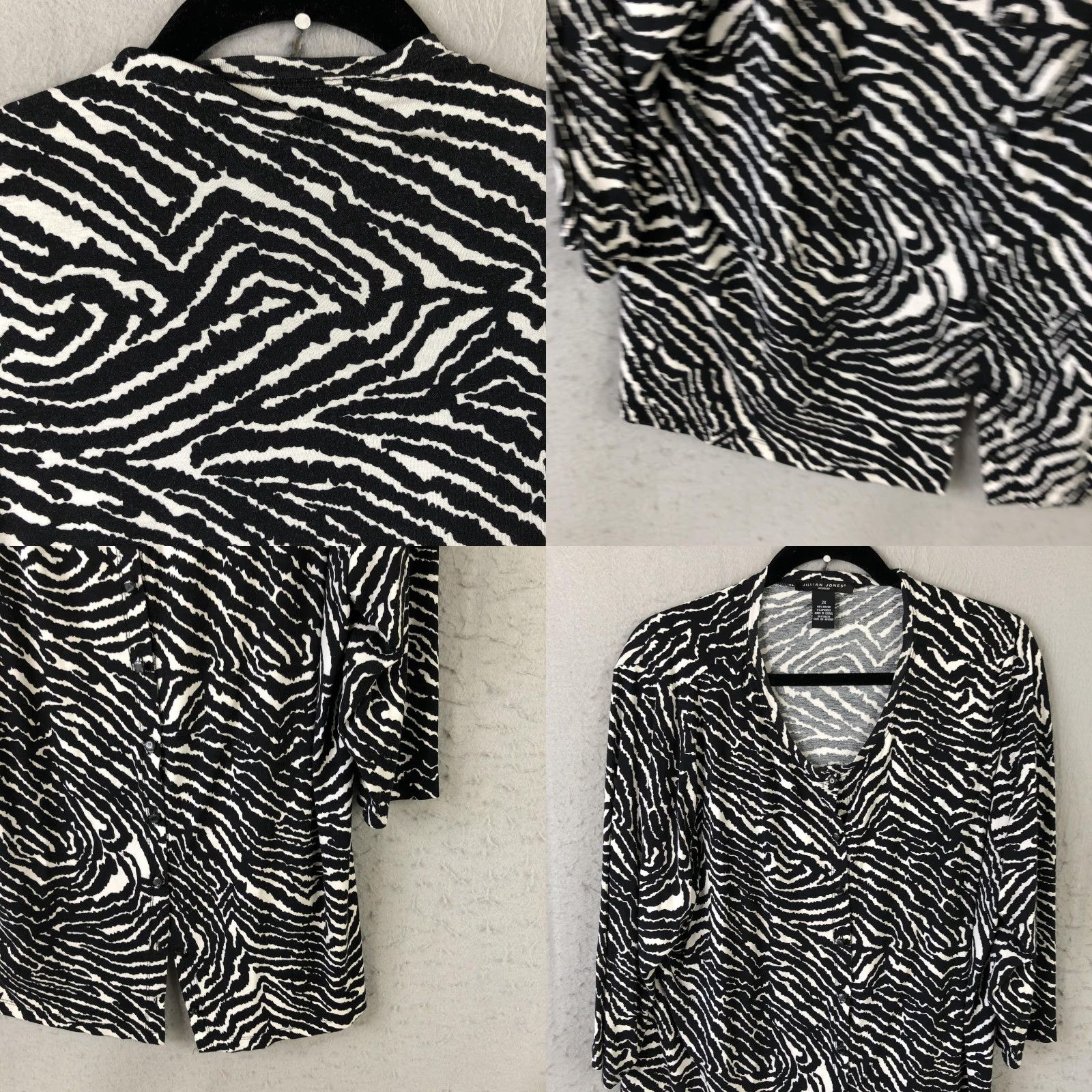 Vintage Jillian Jones Blouse Tunic Womens 2X Black White Zebra Print V-Neck Stretch Top Size XXL / US 16-18 / IT 52-54 - 8 Thumbnail