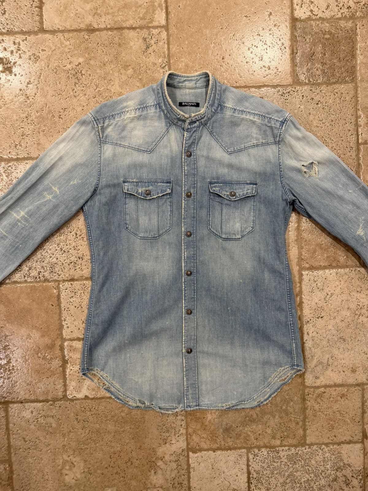 Balmain Balmain SS18 Distressed Light Blue Wash Denim Button Shirt Size US L / EU 52-54 / 3 - 6 Thumbnail