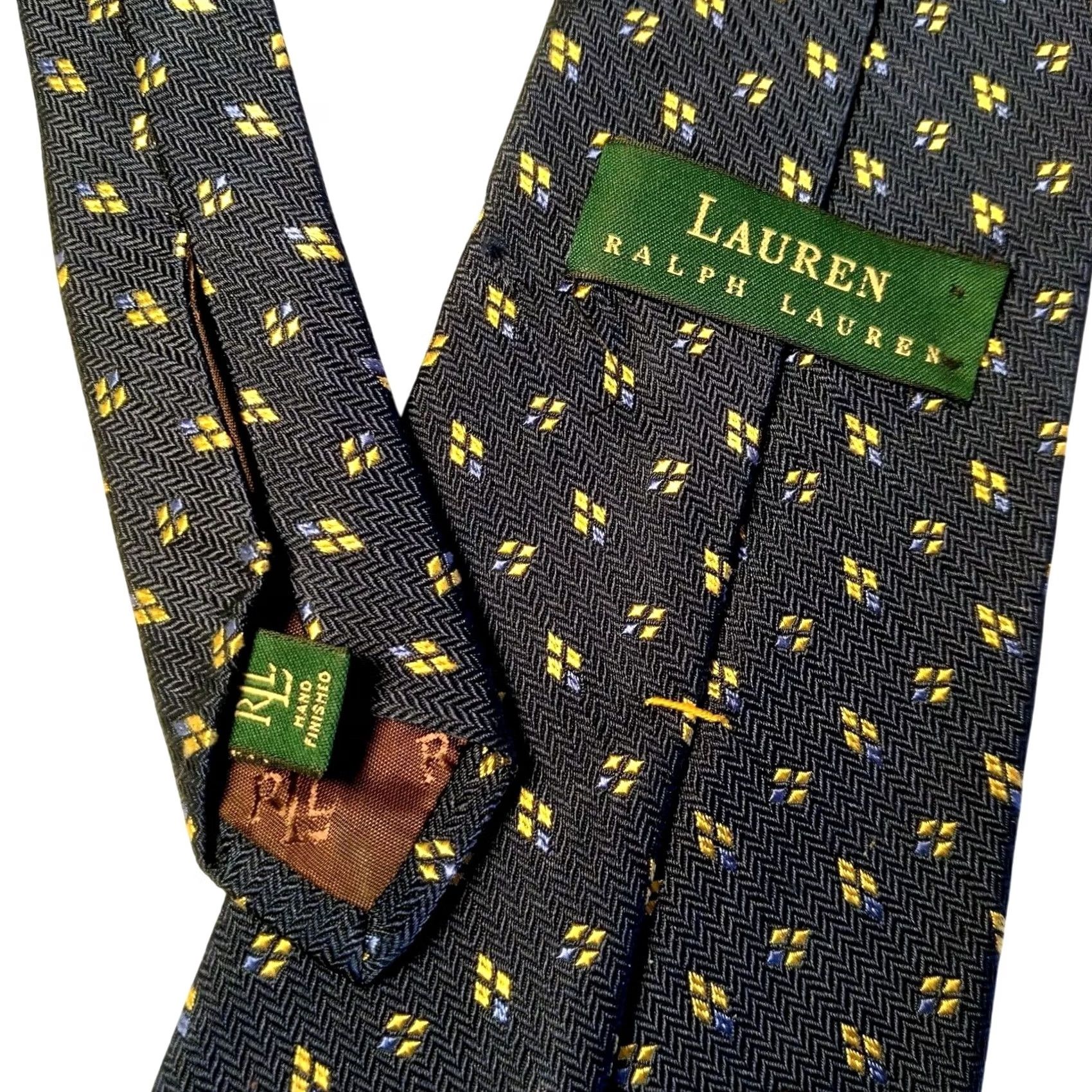 Ralph Lauren Lauren Ralph Lauren Tie Blue Yellow Diamond Woven Silk USA Preppy Silk Tie Mens 57.5" Pointed Pattern Geometric USA Made Size ONE SIZE - 7 Thumbnail