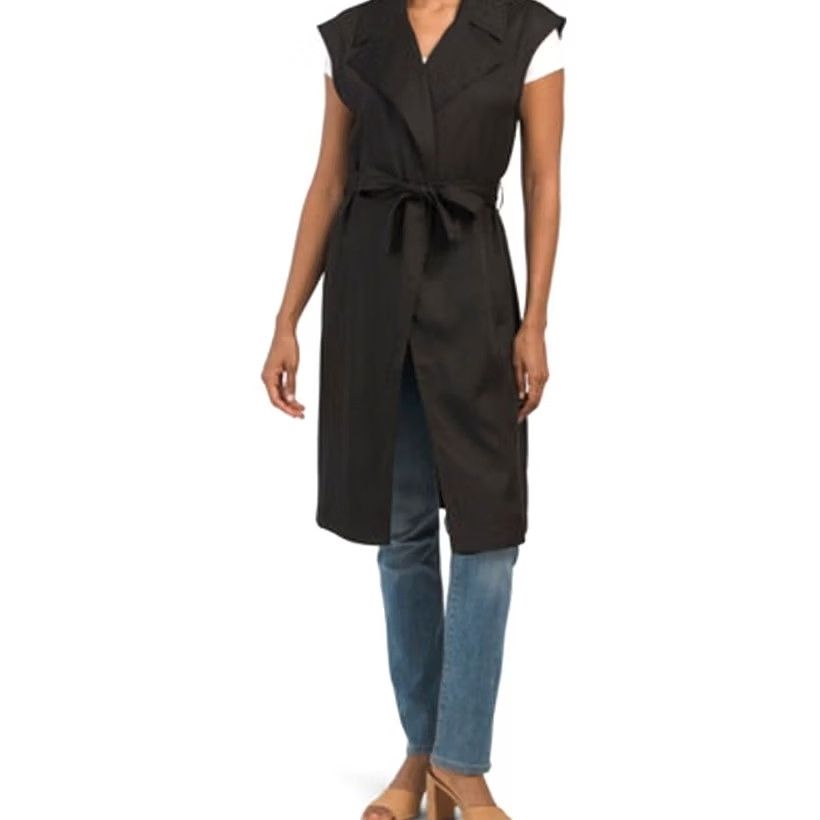 Vintage Tahari Black Lyocell Long Vest Belted Pockets Notch Collar Lightweight Womens M Vest Size M / US 6-8 / IT 42-44 - 2 Thumbnail
