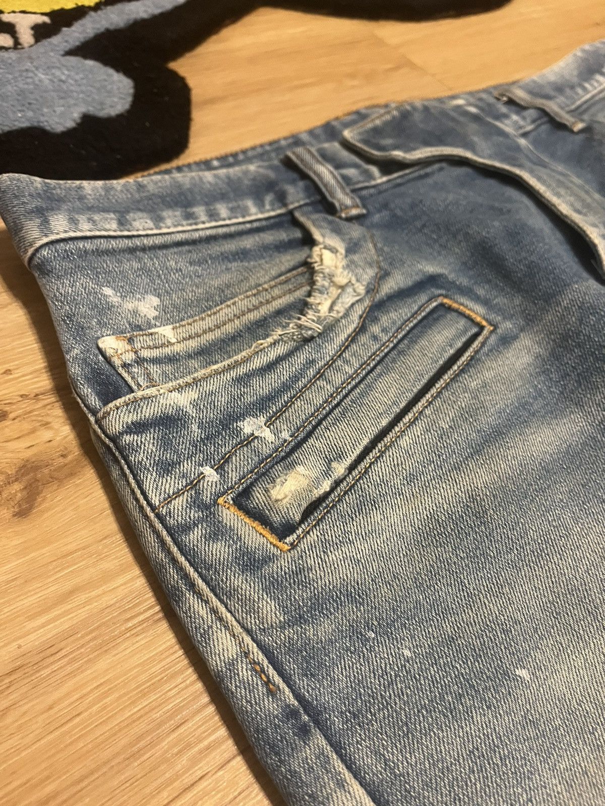 Balmain Sample 1/1 FW14 Distressed Painted Biker Denim Jean